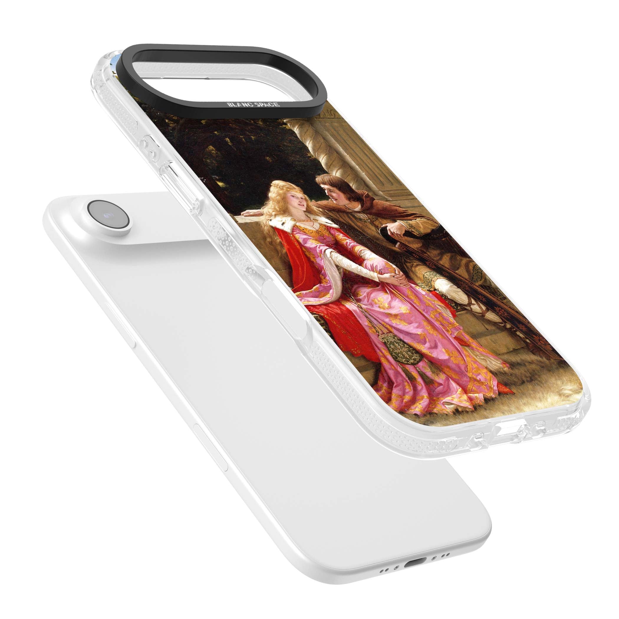 The End of the Song classic art iPhone case featuring a medieval lady in pink gown and her knight in a stone archway | Clear Case Impact Air case for iPhone Air