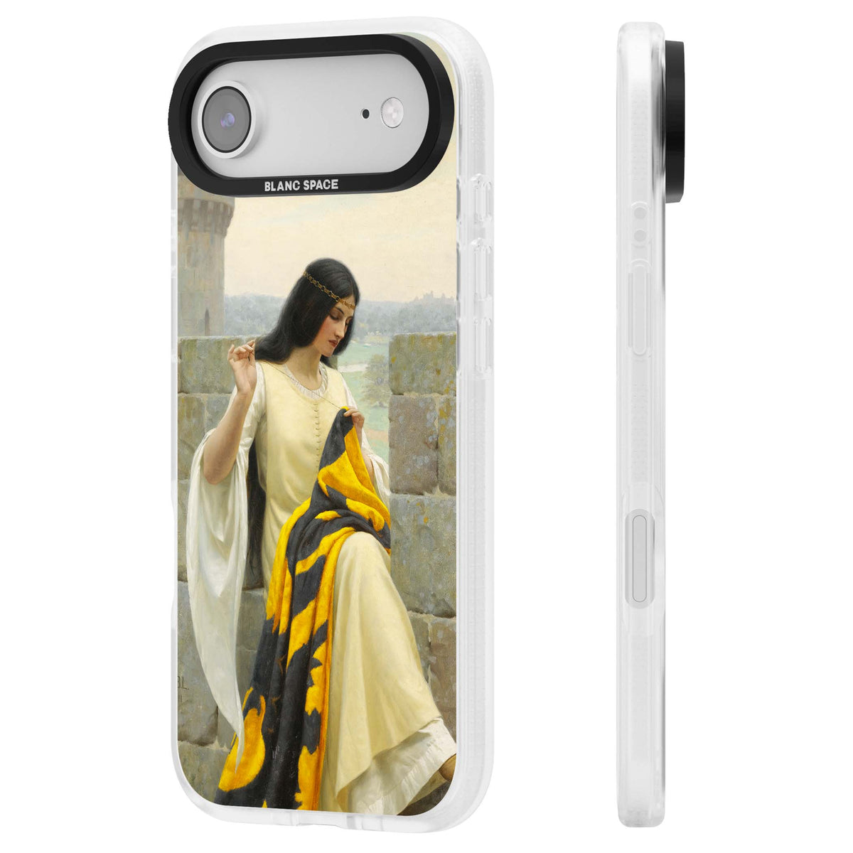 Stitching the Standard renaissance art iPhone case featuring a medieval lady sewing a golden banner on a castle wall | Clear Case Impact Air case for iPhone Air