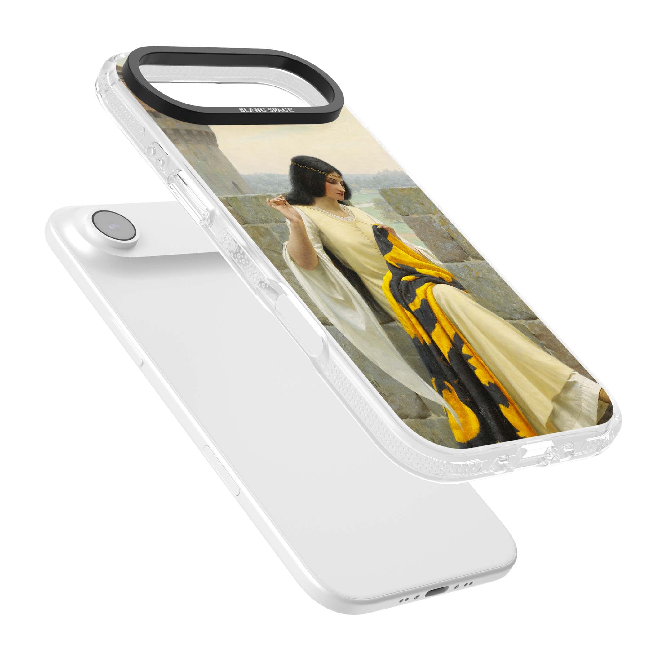 Stitching the Standard renaissance art iPhone case featuring a medieval lady sewing a golden banner on a castle wall | Clear Case Impact Air case for iPhone Air