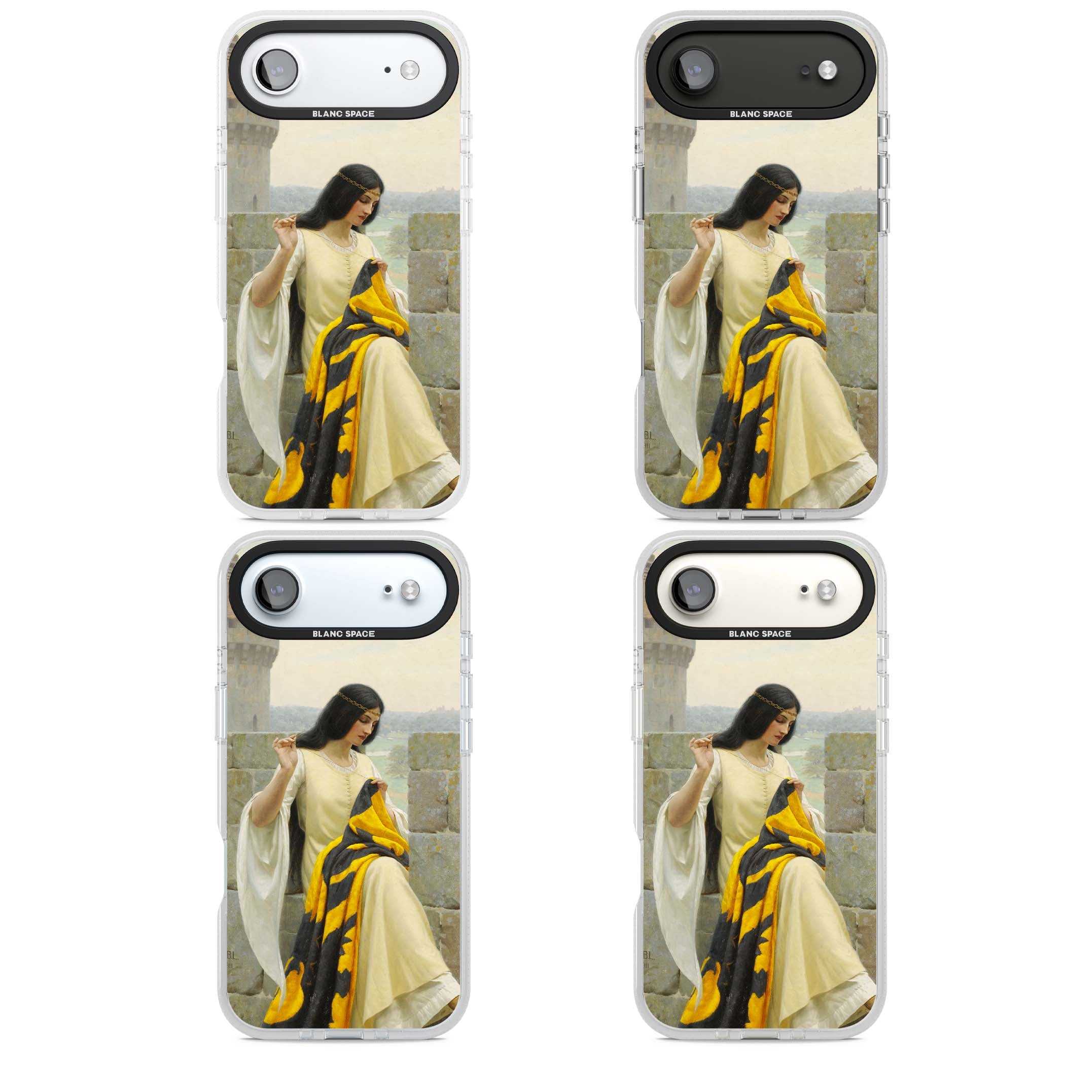 Stitching the Standard renaissance art iPhone case featuring a medieval lady sewing a golden banner on a castle wall | Clear Case Impact Air case for iPhone Air
