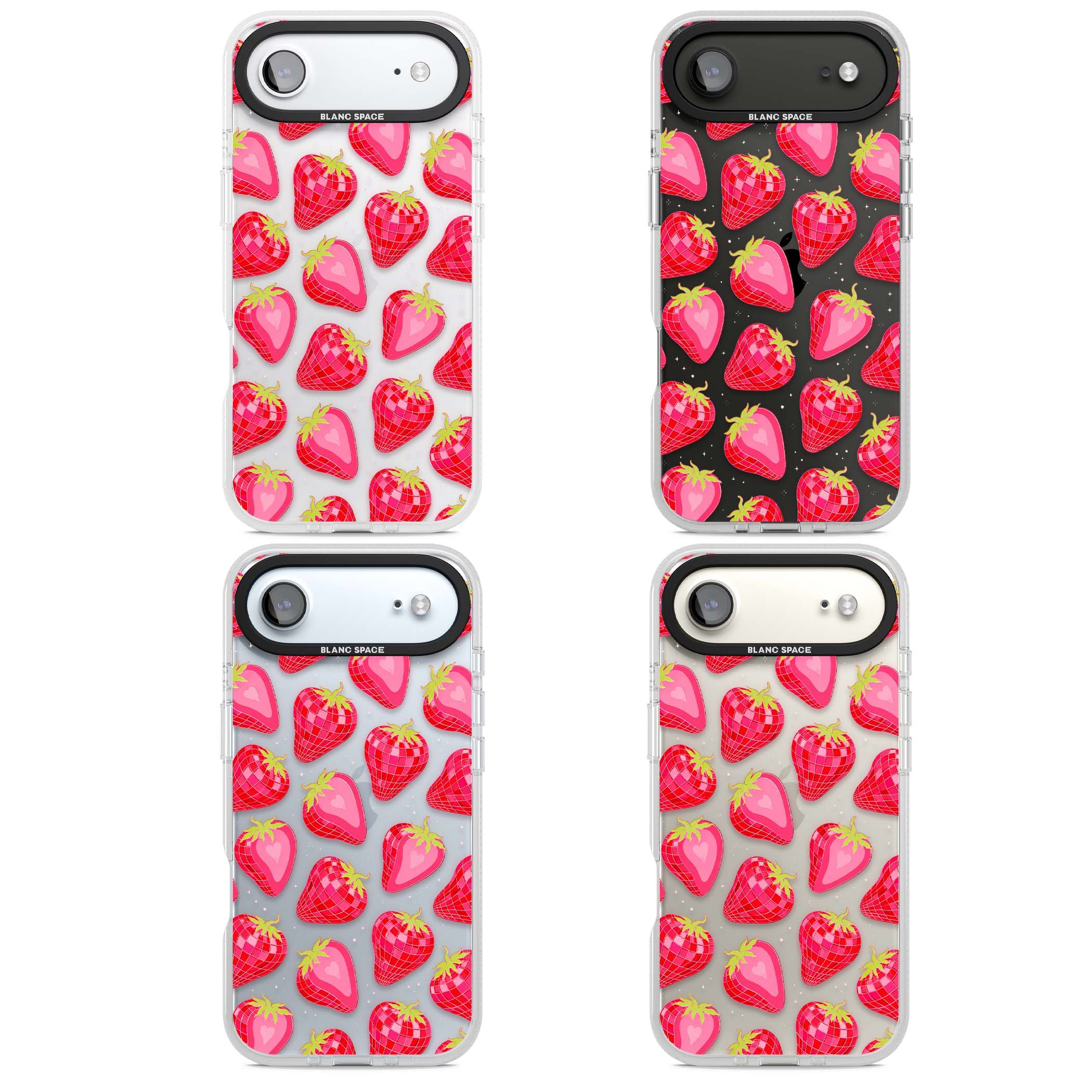 Disco Strawberry Y2K iPhone case featuring pink disco-ball strawberries, green leaves and tiny sparkles | Clear Case Impact Air case for iPhone Air