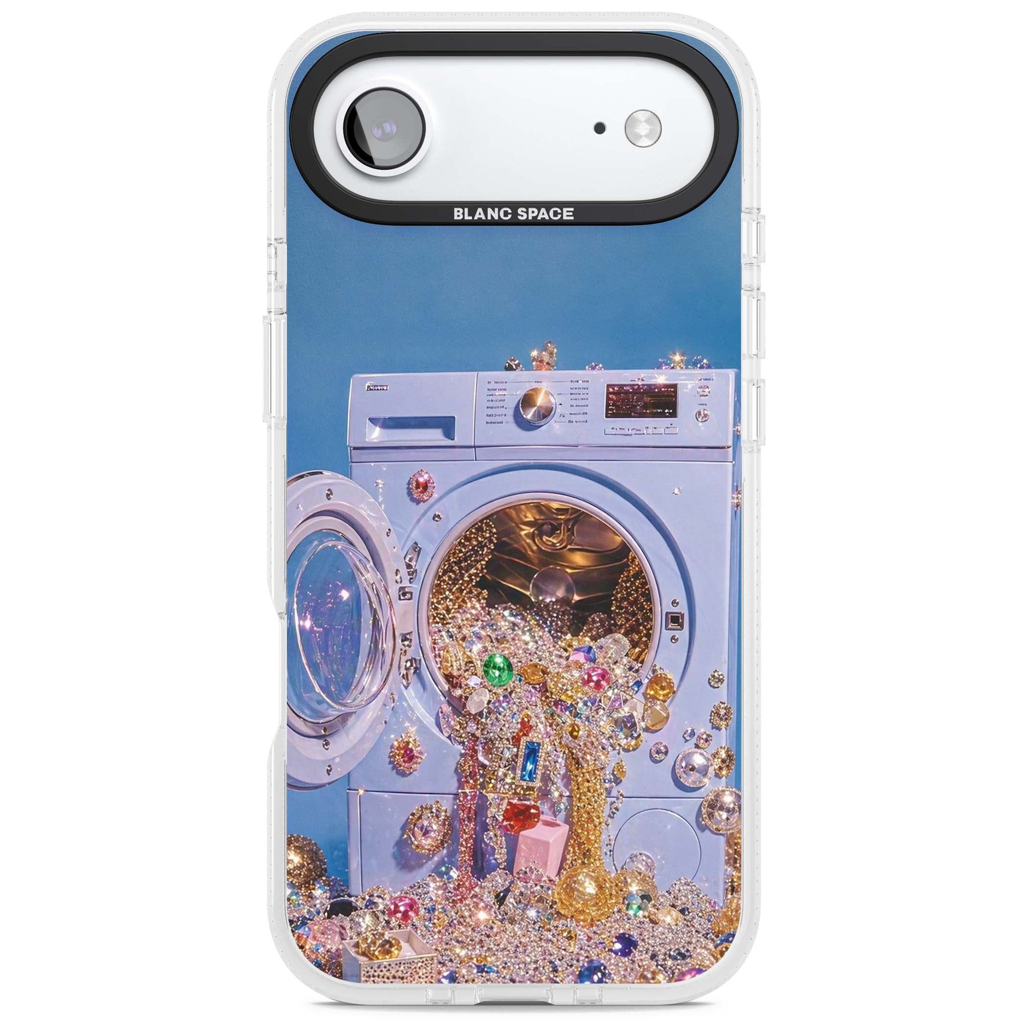 Gem Laundry baddie iPhone case featuring a surreal washing machine overflowing with colourful gemstones and crystals | Clear Case Impact Air case for iPhone Air