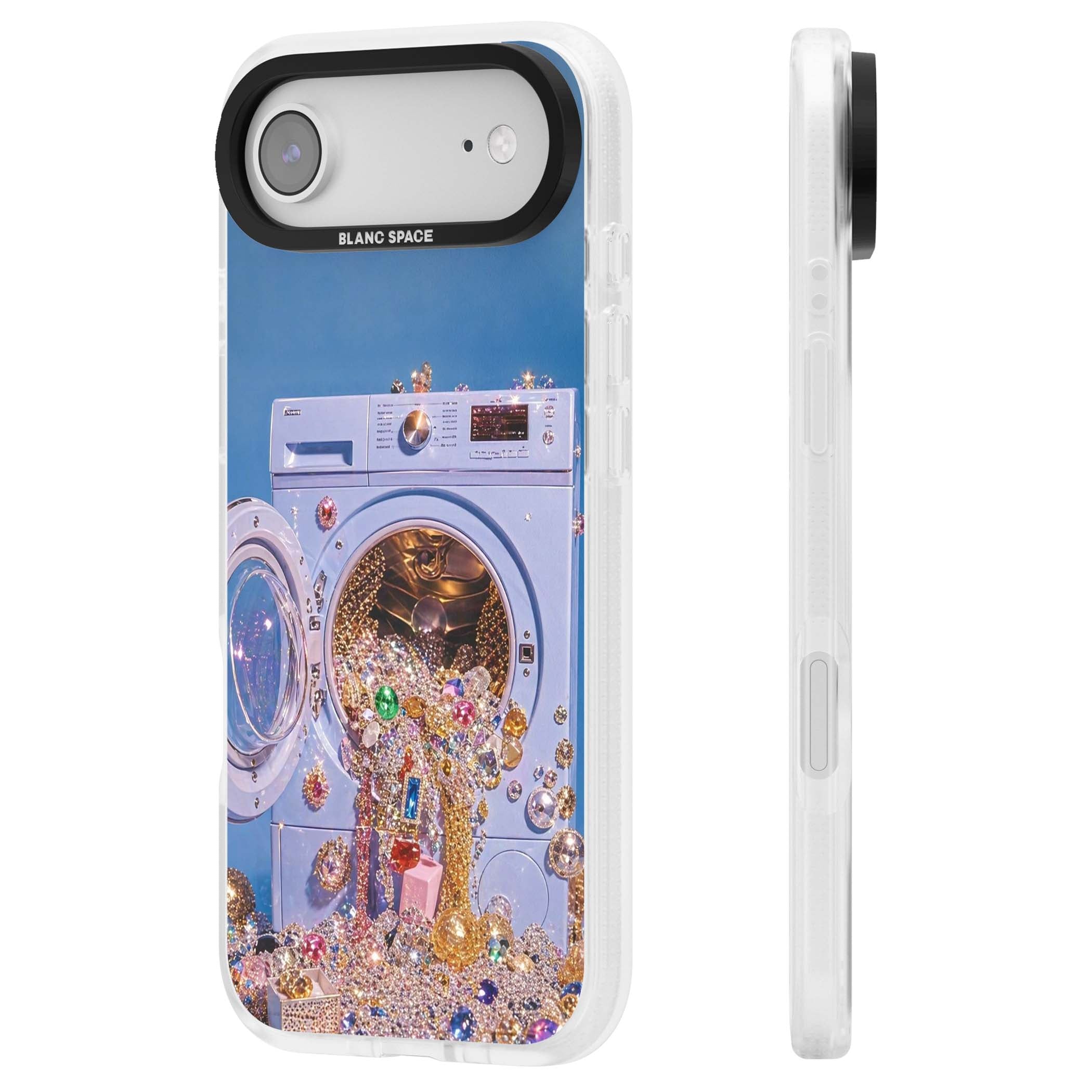 Gem Laundry baddie iPhone case featuring a surreal washing machine overflowing with colourful gemstones and crystals | Clear Case Impact Air case for iPhone Air