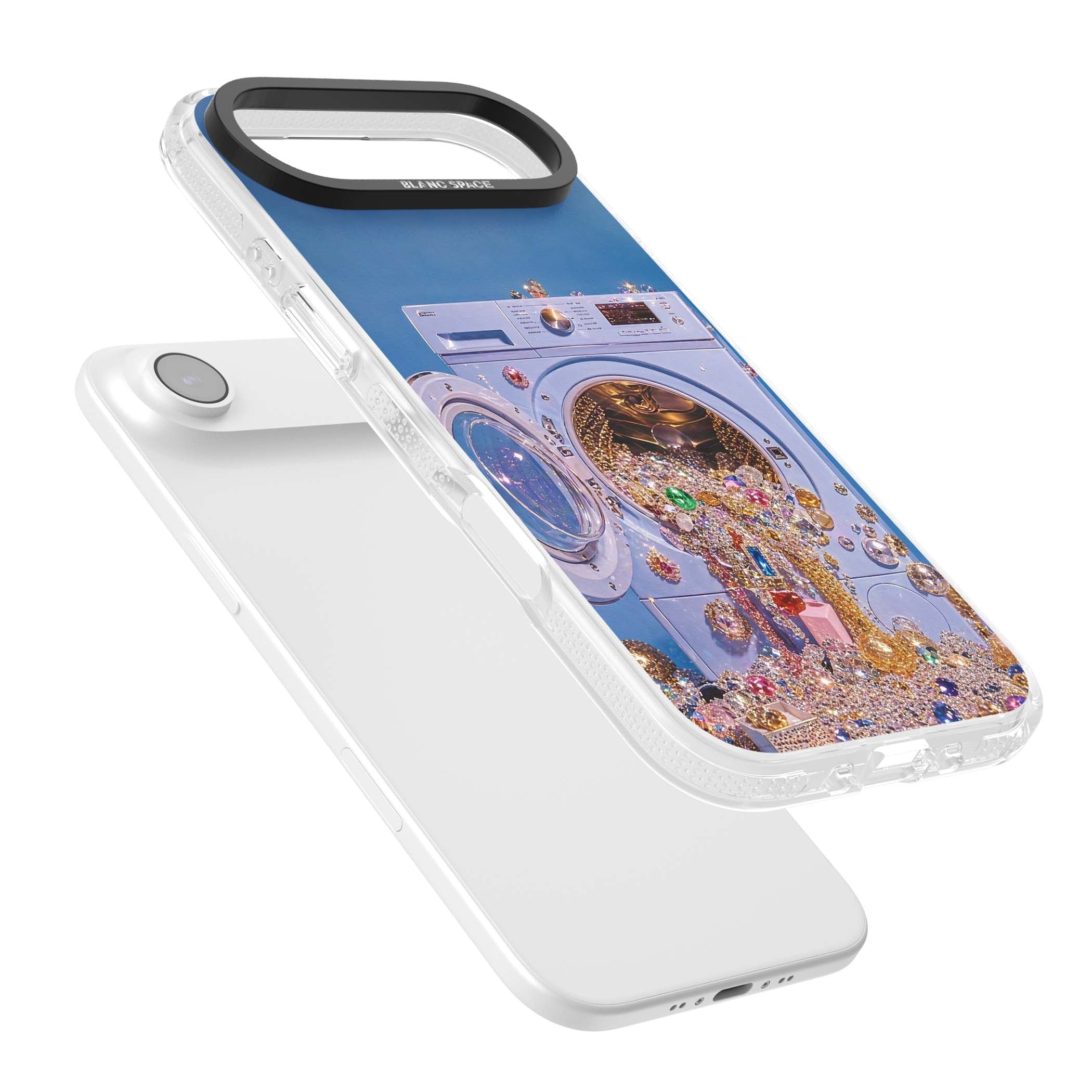 Gem Laundry baddie iPhone case featuring a surreal washing machine overflowing with colourful gemstones and crystals | Clear Case Impact Air case for iPhone Air