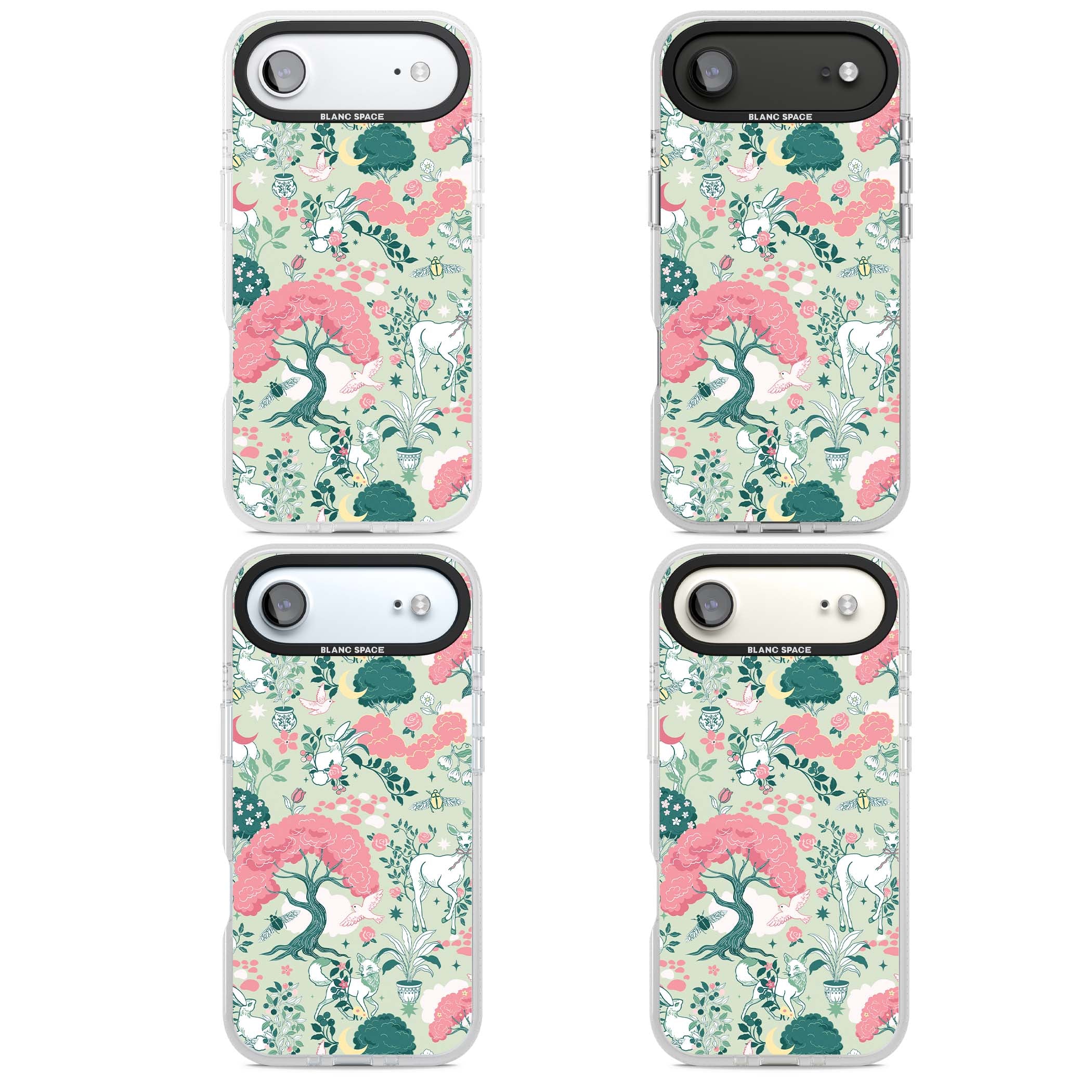 Enchanted Woodland cottagecore iPhone case featuring white deer, pink roses, mushrooms and woodland animals on sage green | Clear Case Impact Air case for iPhone Air
