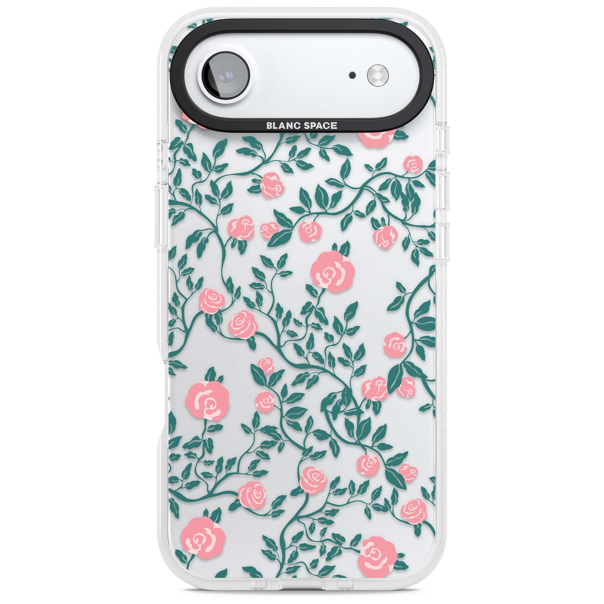 Rose Trellis (Clear) cottagecore iPhone case featuring pink climbing roses and green leaves on clear background | Clear Case Impact Air case for iPhone Air