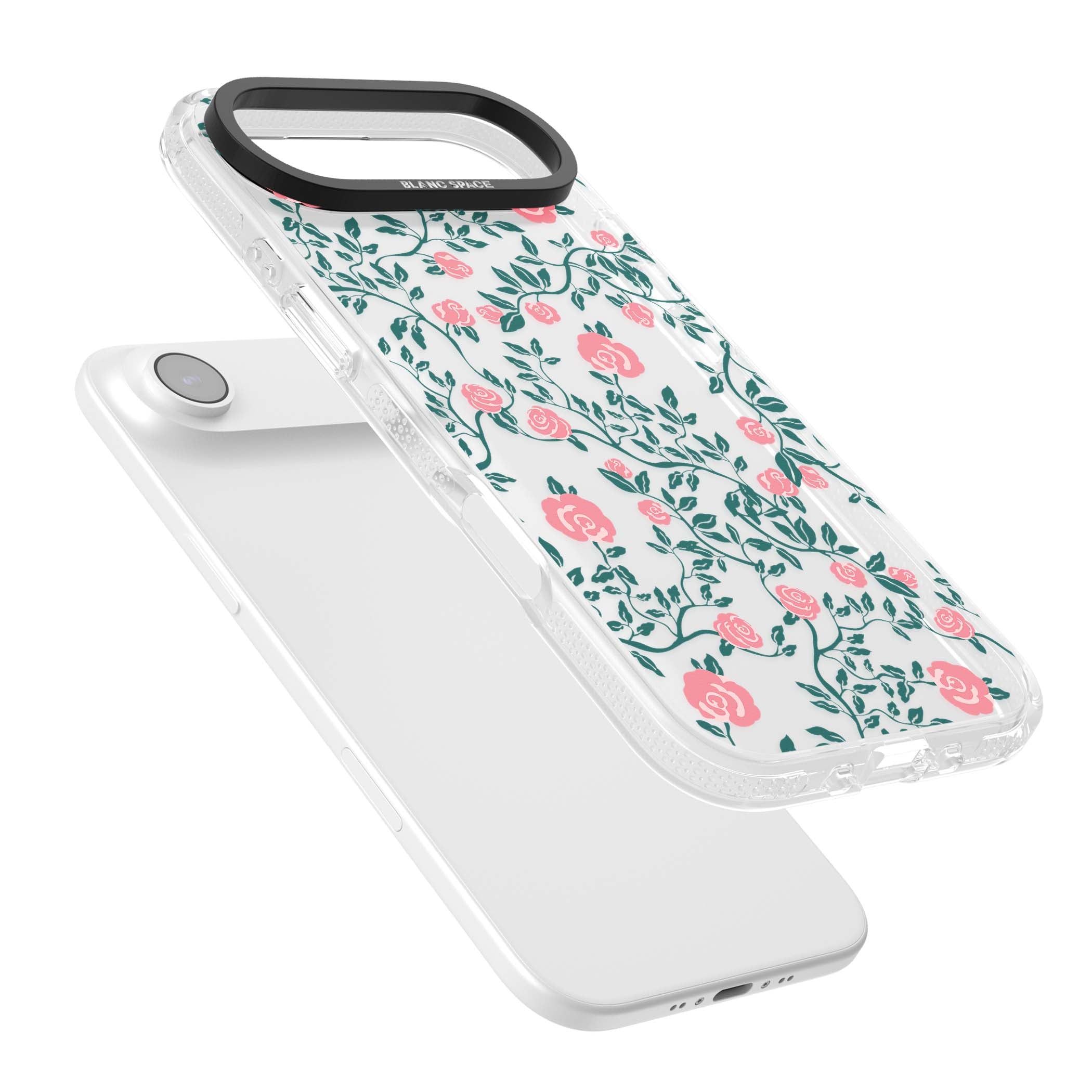 Rose Trellis (Clear) cottagecore iPhone case featuring pink climbing roses and green leaves on clear background | Clear Case Impact Air case for iPhone Air