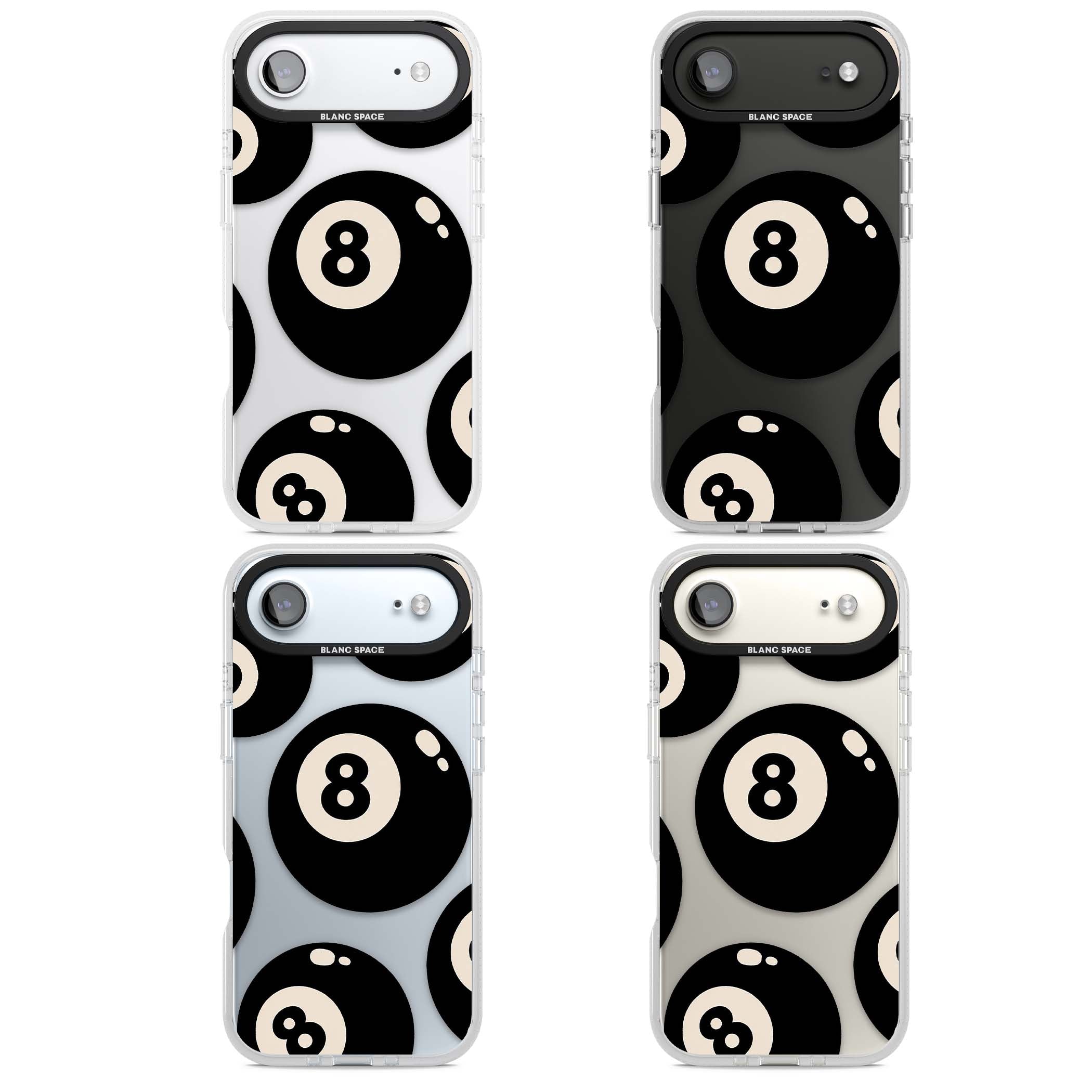 Eights y2k iPhone case featuring scattered black 8 balls with cream highlights on a clear background | Clear Case Impact Air case for iPhone Air
