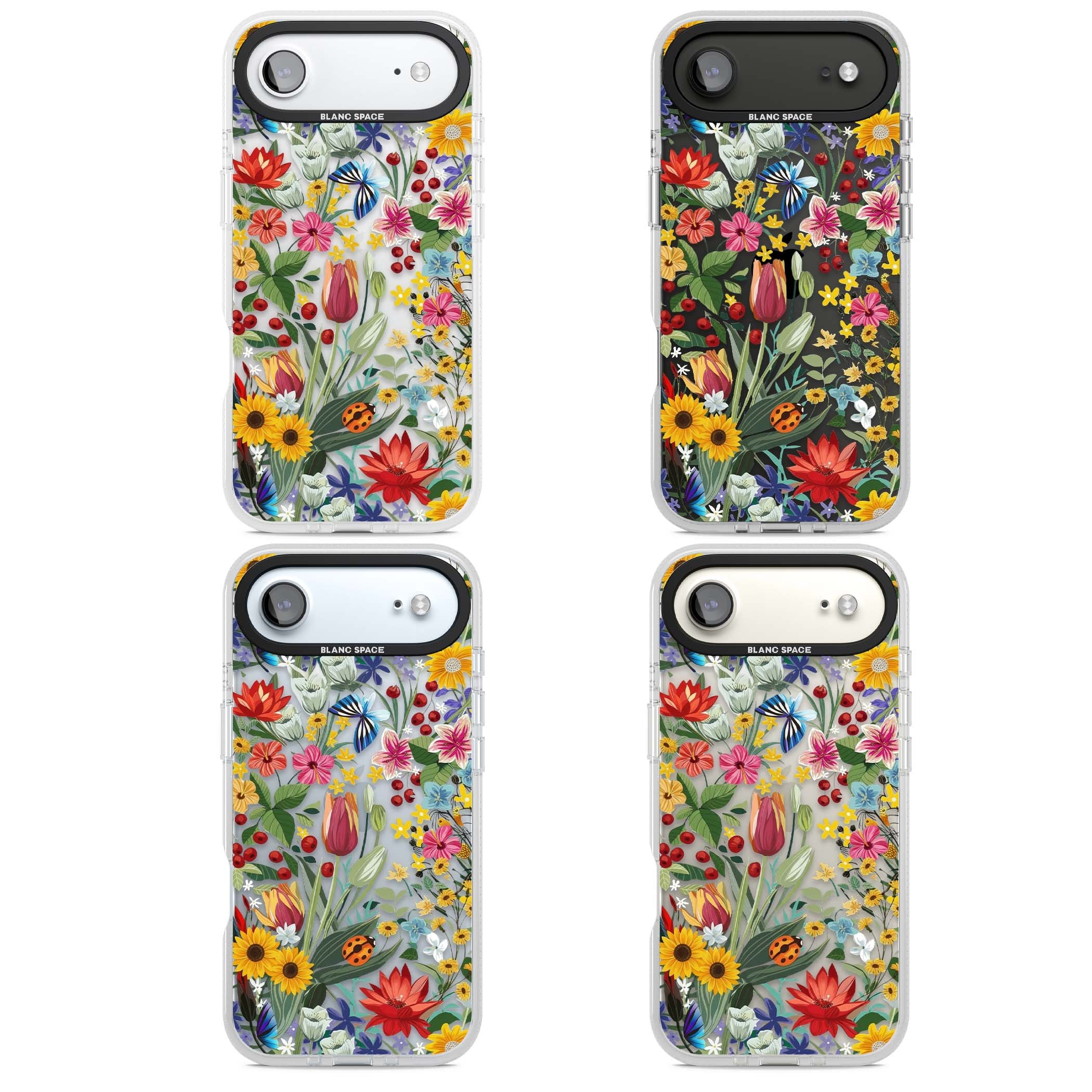 Botanical Bloom cottagecore iPhone case featuring colorful wildflowers, sunflowers, and ladybugs on clear background | Clear Case Impact Air case for iPhone Air