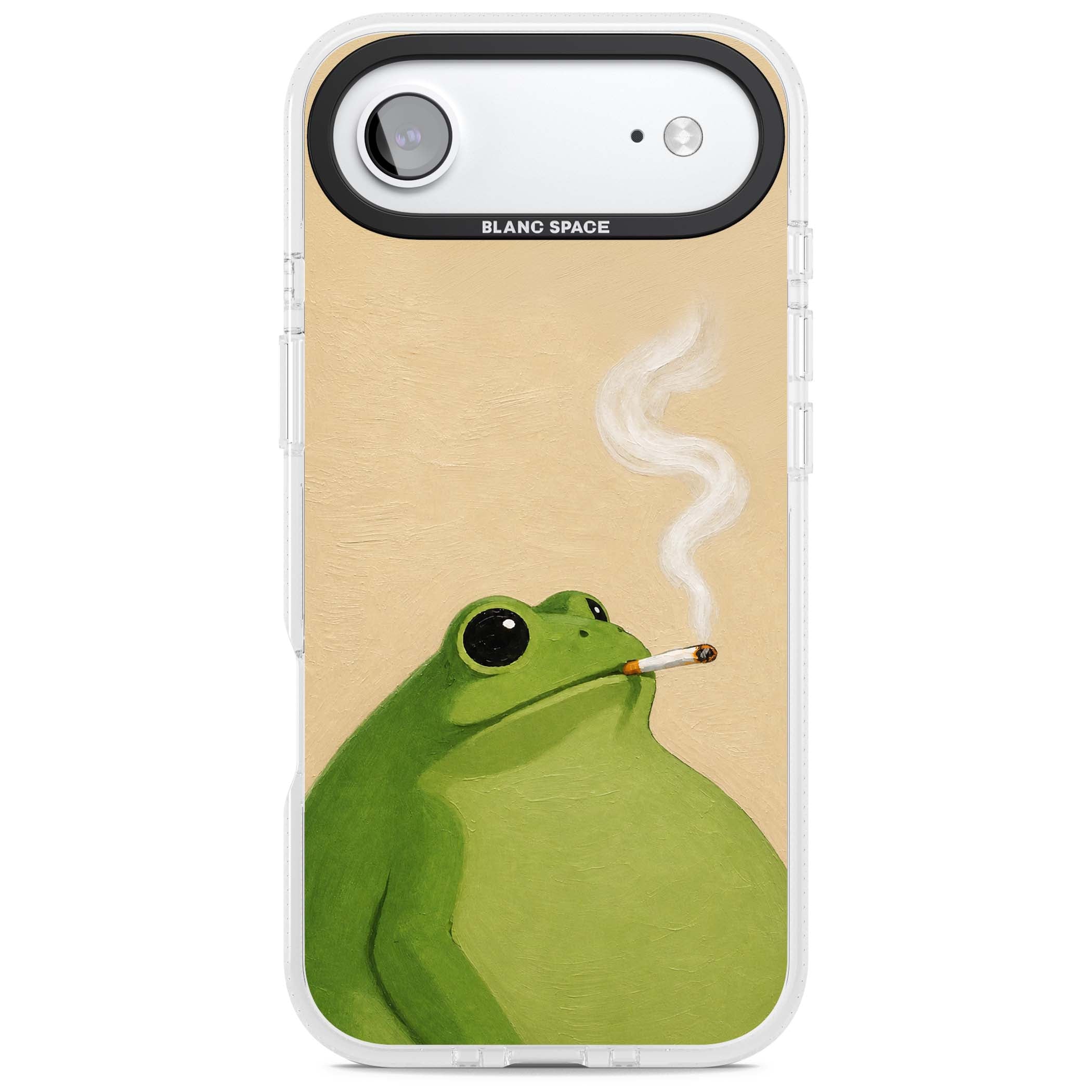 The Smoking Frog cottagecore iPhone case featuring a hand-painted green frog smoking a cigarette on a cream oil painting back | Clear Case Impact Air case for iPhone Air