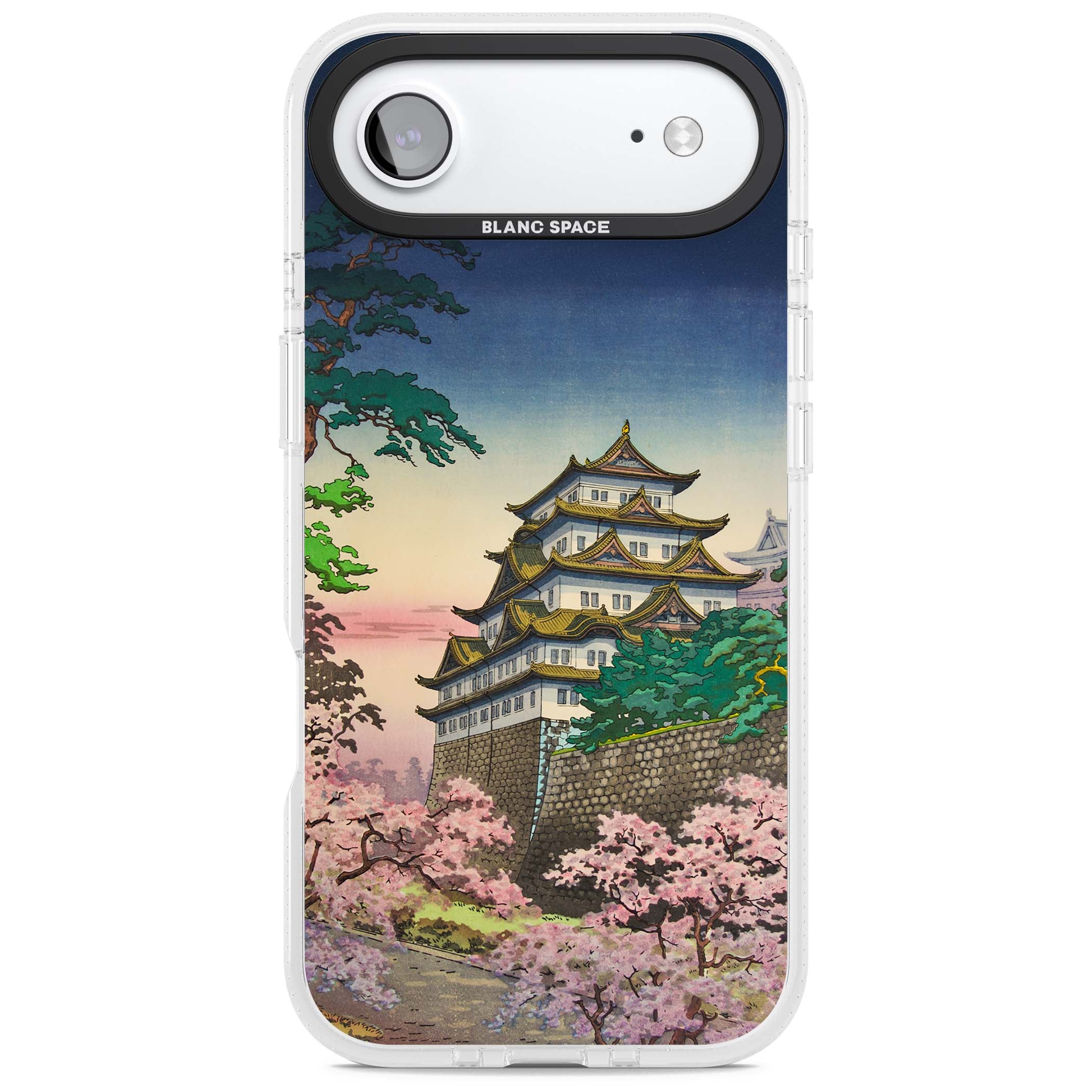 Nagoya Castle Japanese iPhone case featuring a vintage pagoda, twilight sky and cherry blossom trees | Clear Case Impact Air case for iPhone Air