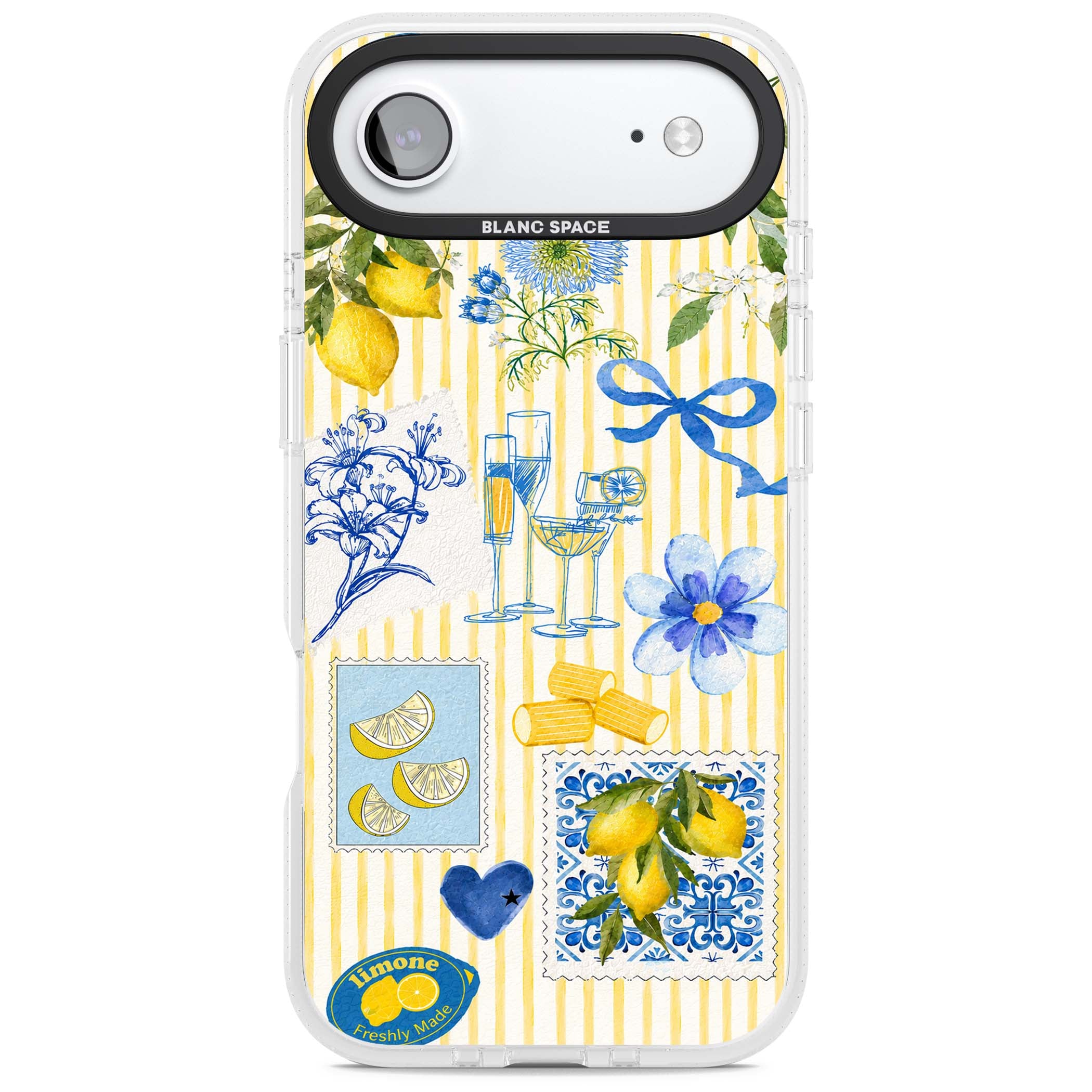 Limone Riviera Italian summer iPhone case featuring watercolour lemons, blue ribbon bows and majolica tile stamps on... | Clear Case Impact Air case for iPhone Air