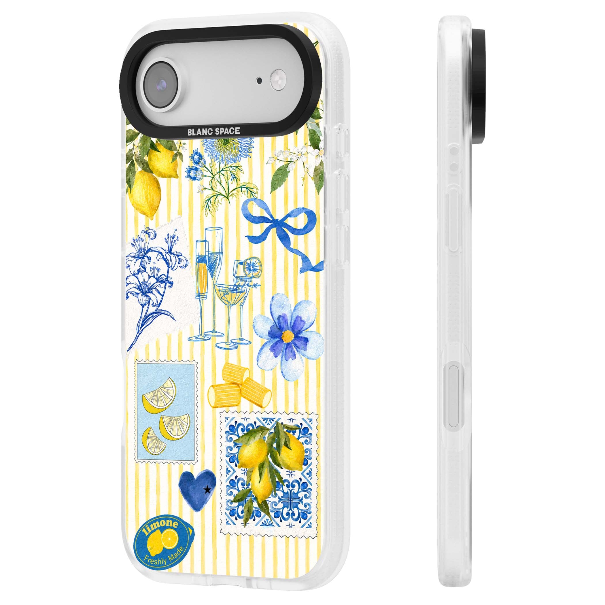 Limone Riviera Italian summer iPhone case featuring watercolour lemons, blue ribbon bows and majolica tile stamps on... | Clear Case Impact Air case for iPhone Air