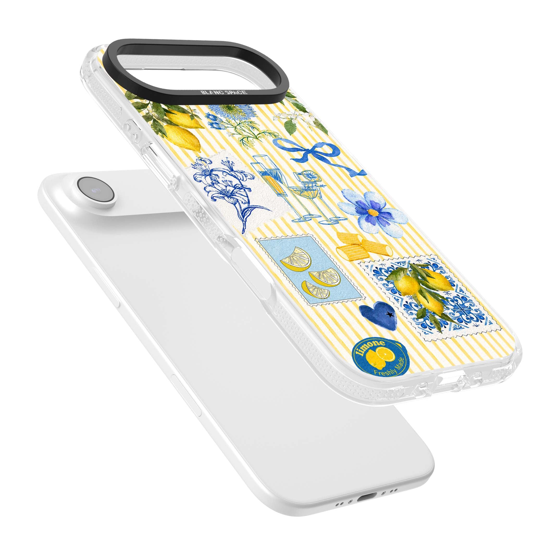 Limone Riviera Italian summer iPhone case featuring watercolour lemons, blue ribbon bows and majolica tile stamps on... | Clear Case Impact Air case for iPhone Air