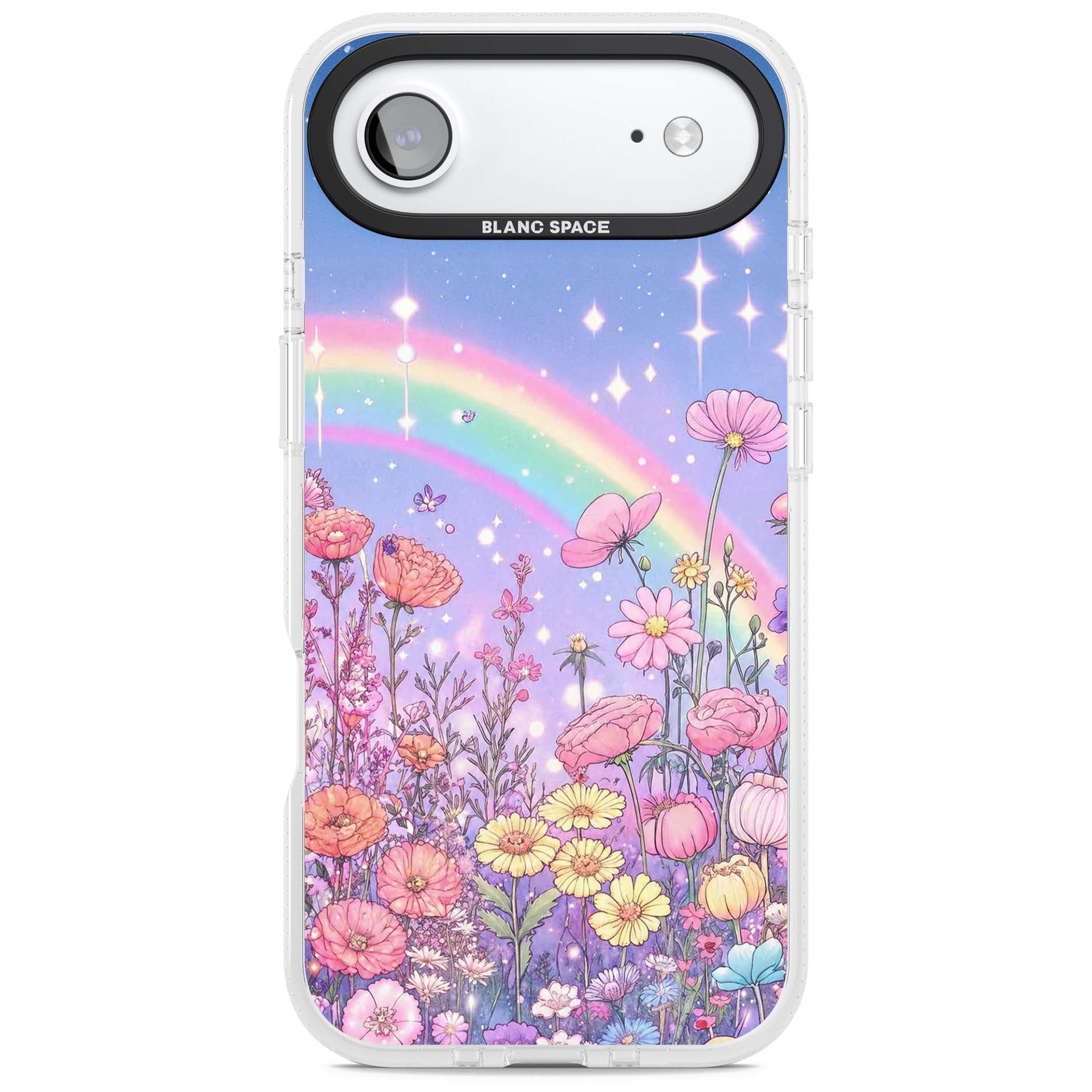 Magical Meadow fairycore iPhone case featuring a pastel rainbow, sparkling stars and a wildflower meadow | Clear Case Impact Air case for iPhone Air