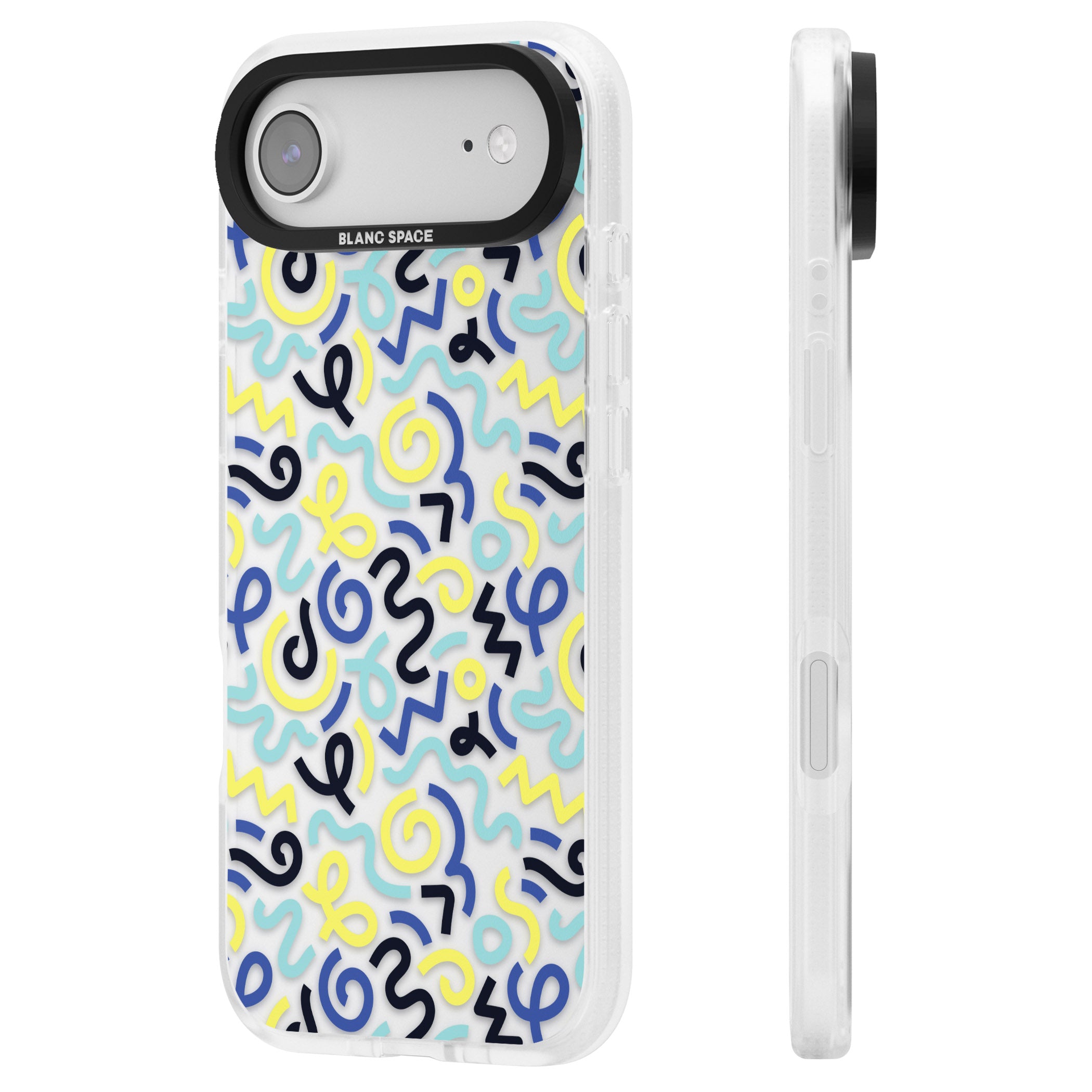 Blue & Yellow Memphis Retro iPhone 17 Air Impact Air Clear Phone Case Side Profile