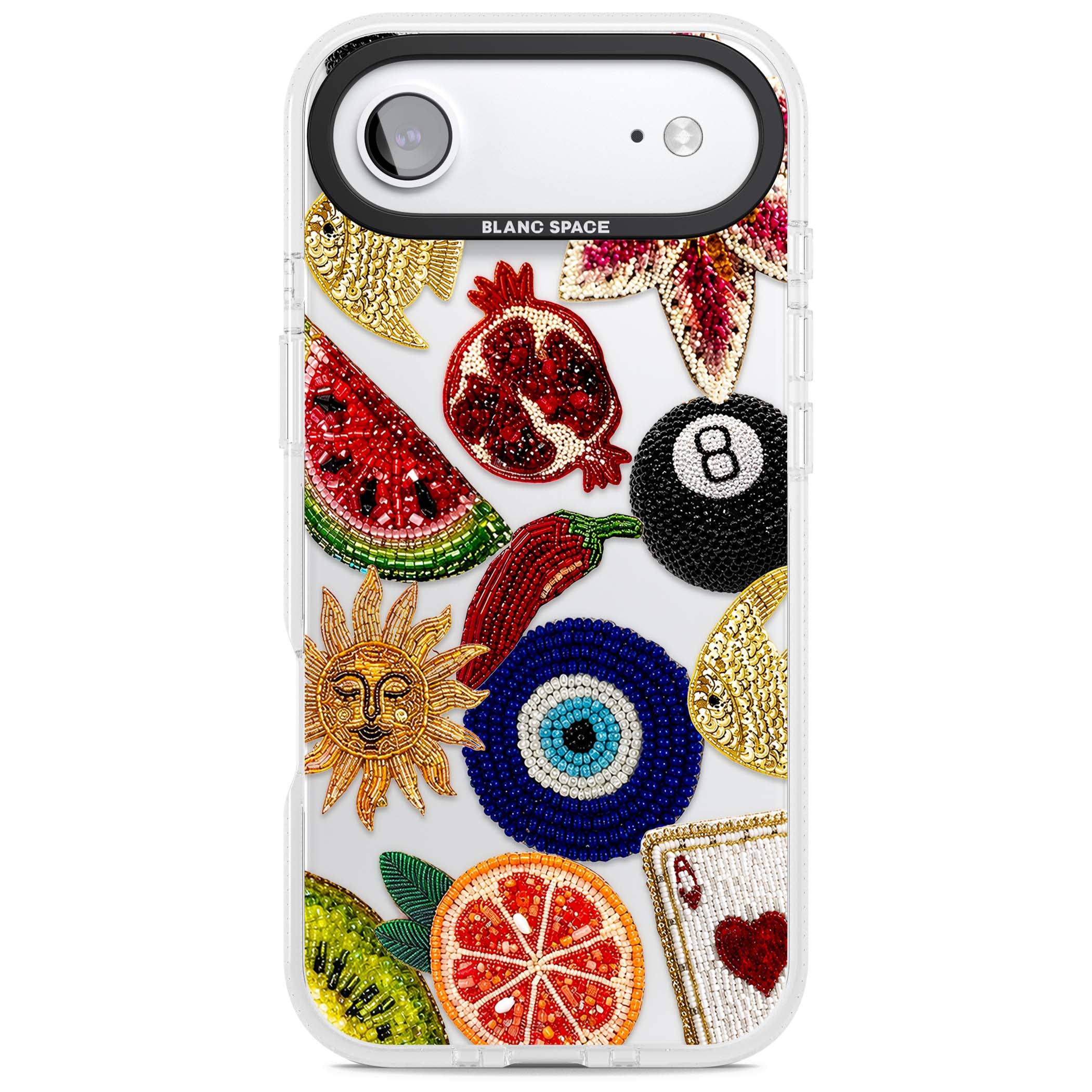 Beaded Charms embroidery iPhone case featuring beaded evil eye, fruit patches and a golden sun motif | Clear Case Impact Air case for iPhone Air