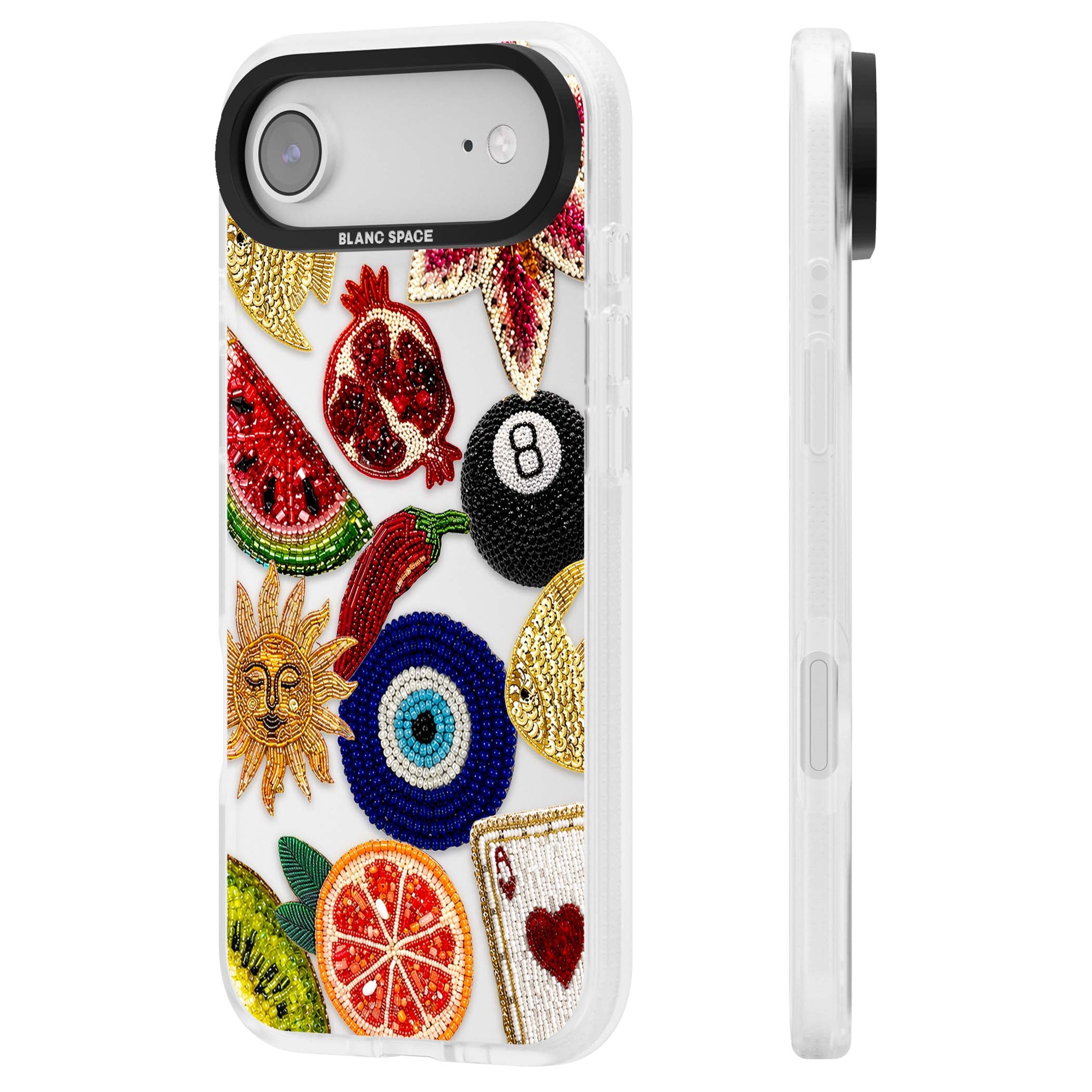 Beaded Charms embroidery iPhone case featuring beaded evil eye, fruit patches and a golden sun motif | Clear Case Impact Air case for iPhone Air