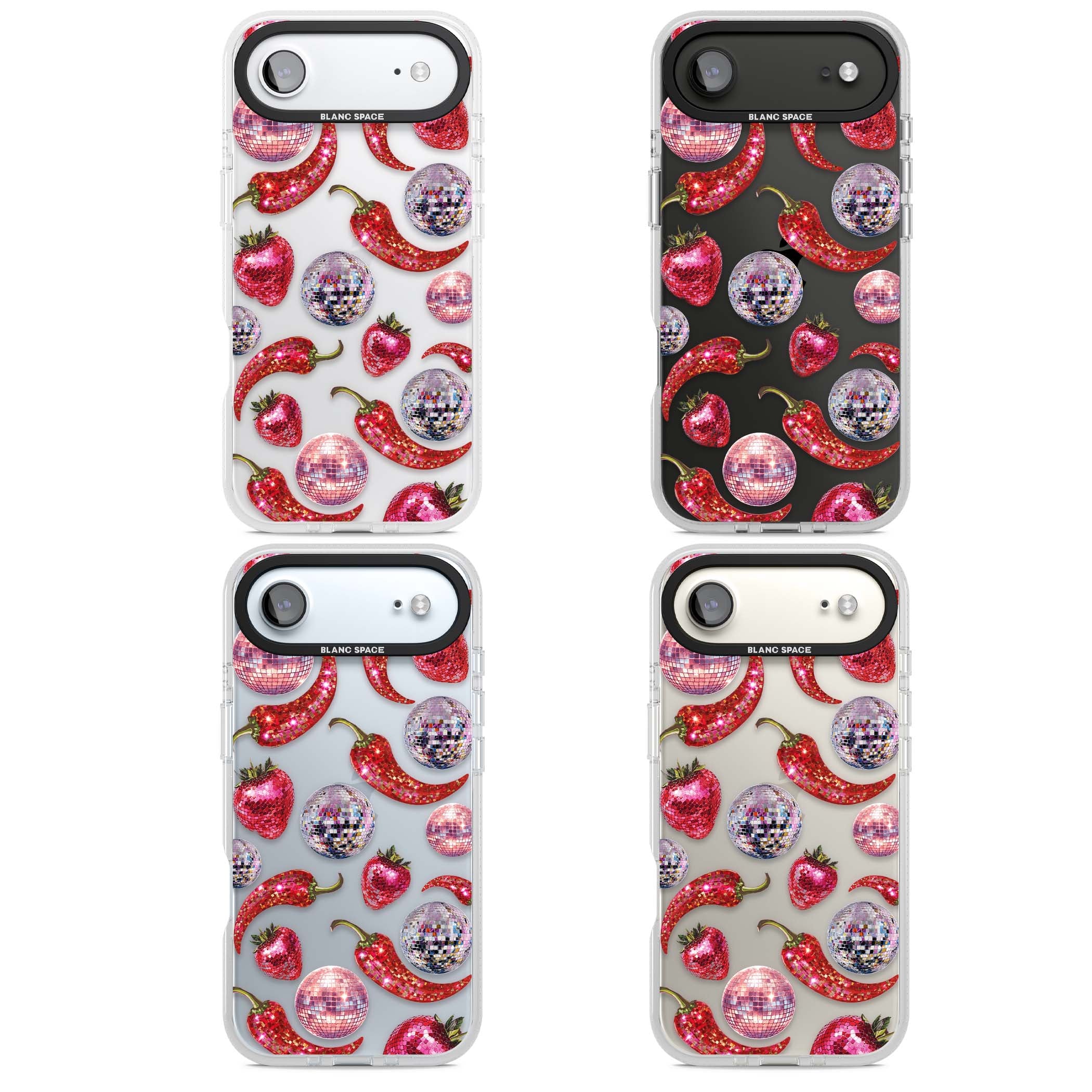 Spicy Disco Y2K iPhone case featuring glitter disco balls, sparkly strawberries and red chilli peppers | Clear Case Impact Air case for iPhone Air