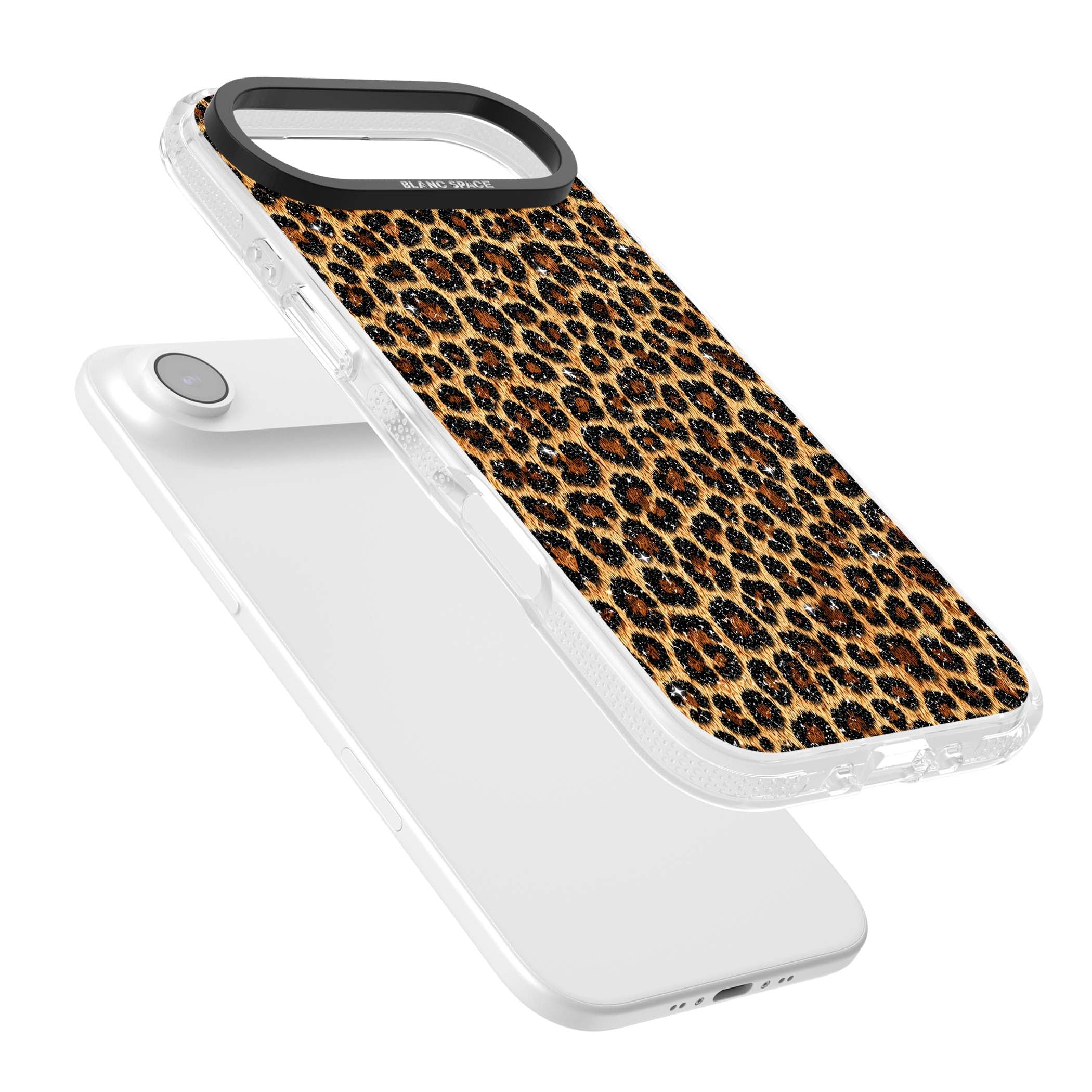 Diamond Leopard leopard print iPhone case featuring golden tan fur, black rosette spots and subtle glitter sparkle | Clear Case Impact Air case for iPhone Air