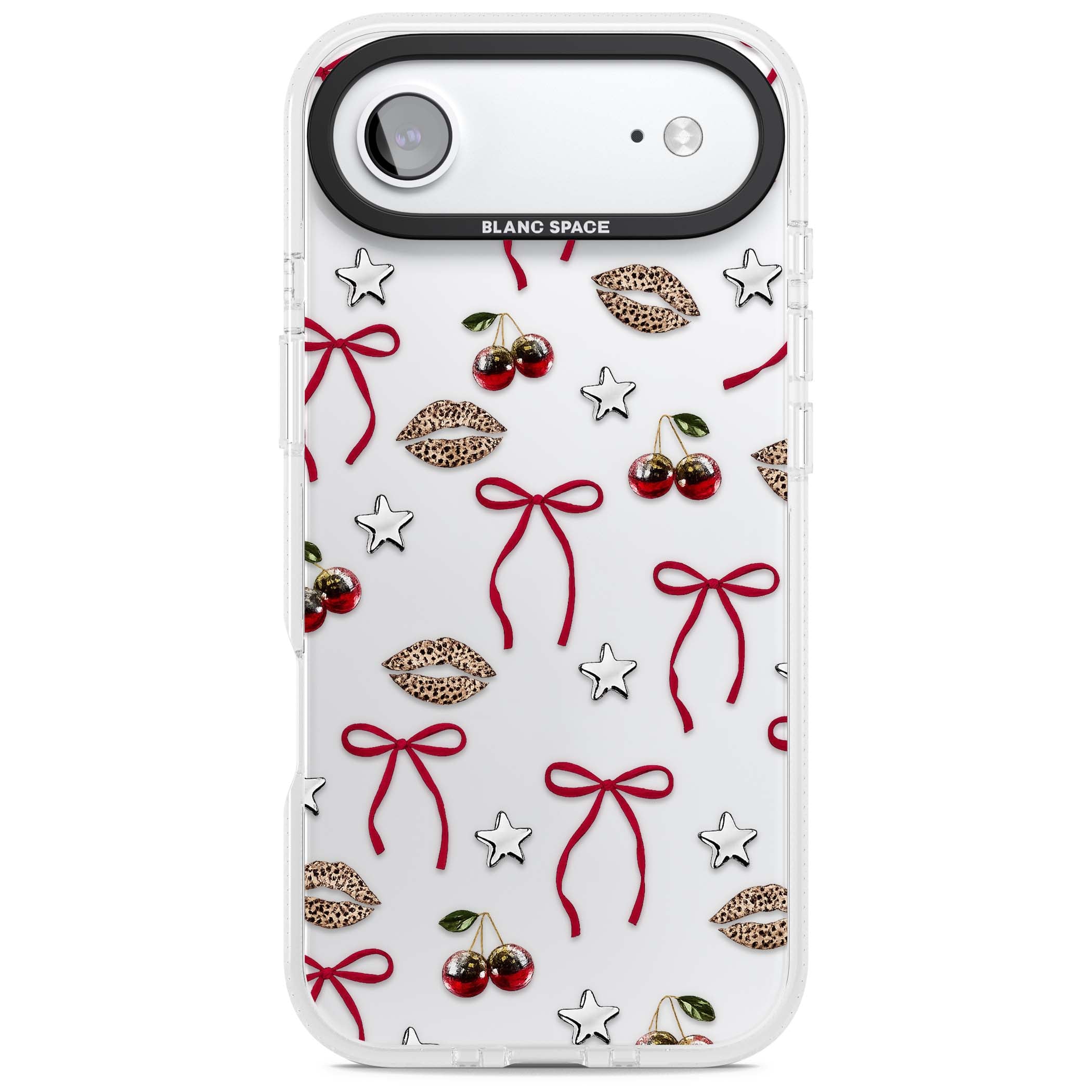 Starlet coquette iPhone case featuring red ribbon bows, disco cherries and leopard-print lips | Clear Case Impact Air case for iPhone Air