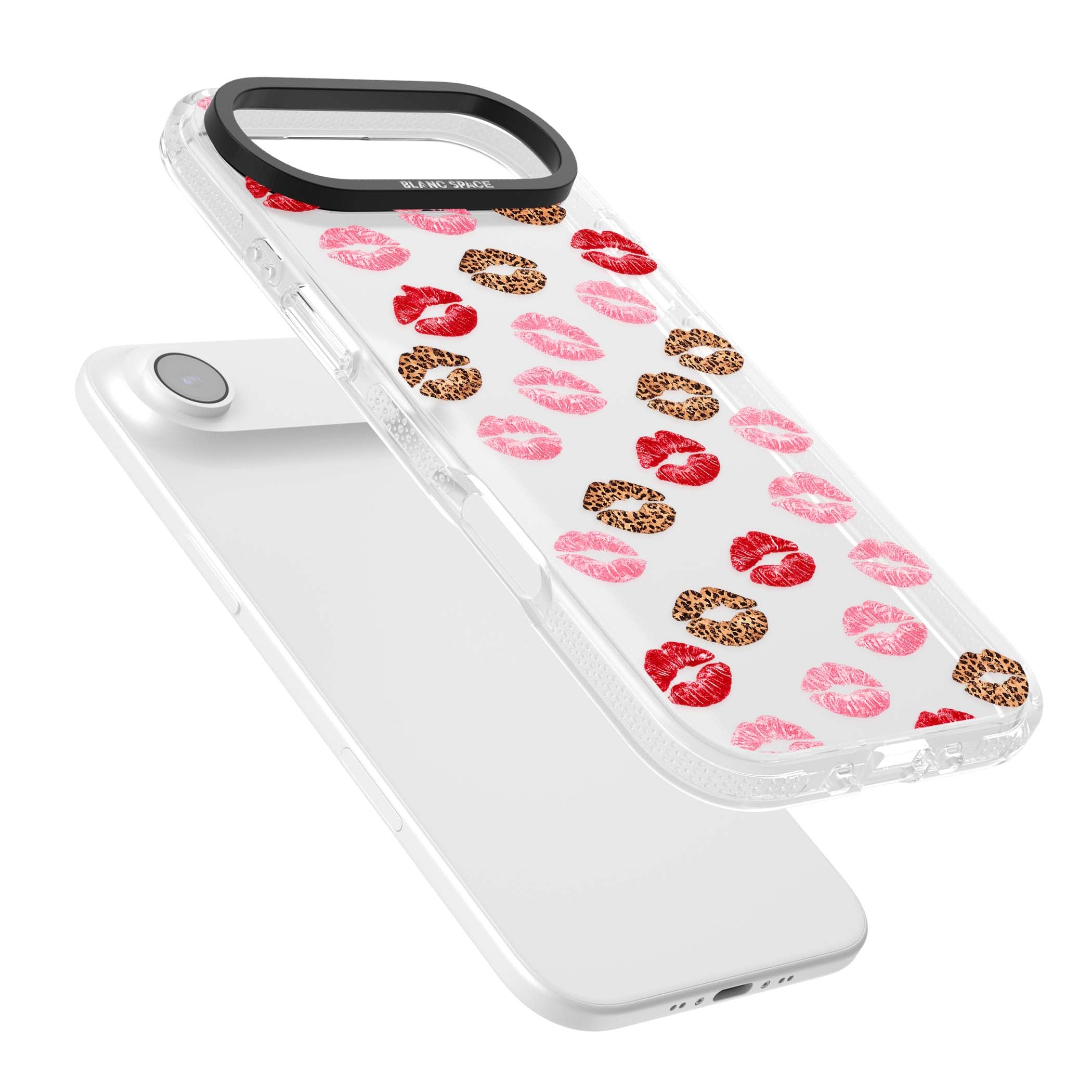 Wild Kisses coquette iPhone case featuring red, pink and leopard print lipstick kiss marks on a clear background | Clear Case Impact Air case for iPhone Air