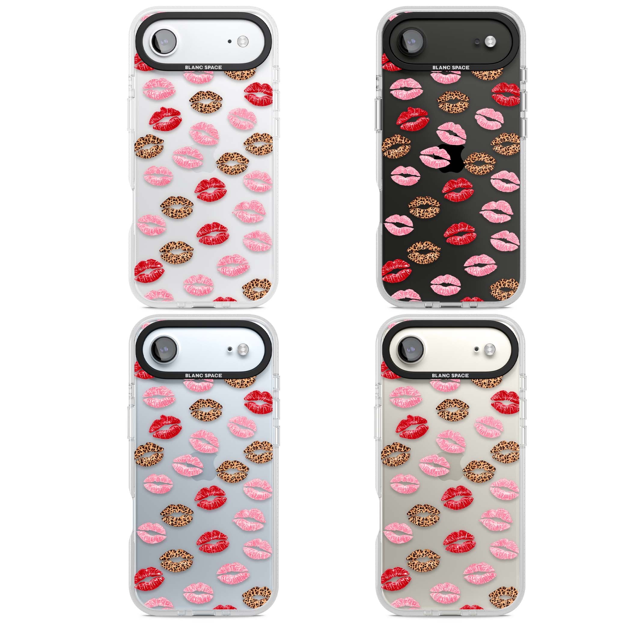 Wild Kisses coquette iPhone case featuring red, pink and leopard print lipstick kiss marks on a clear background | Clear Case Impact Air case for iPhone Air