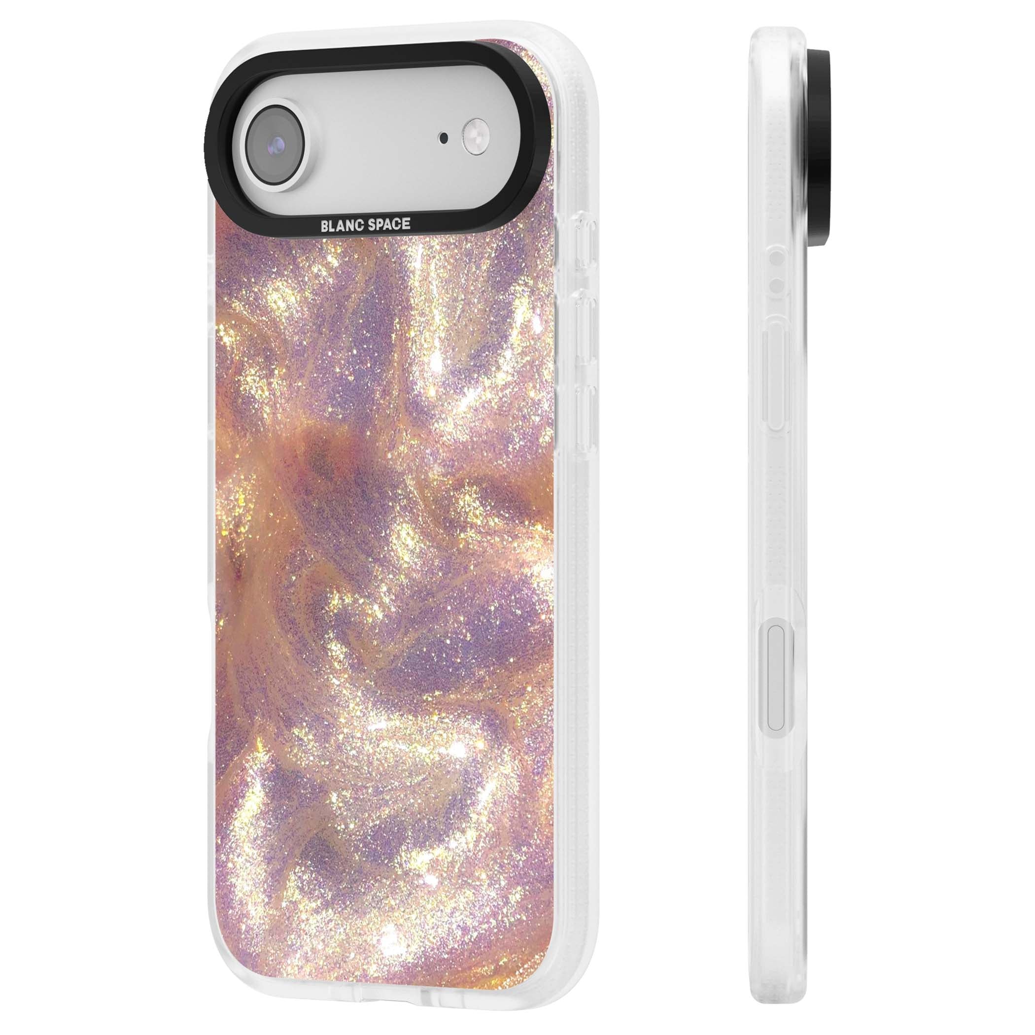 Shimmer marble iPhone case featuring rose gold glitter swirls, lilac shimmer and iridescent pearl finish | Clear Case Impact Air case for iPhone Air