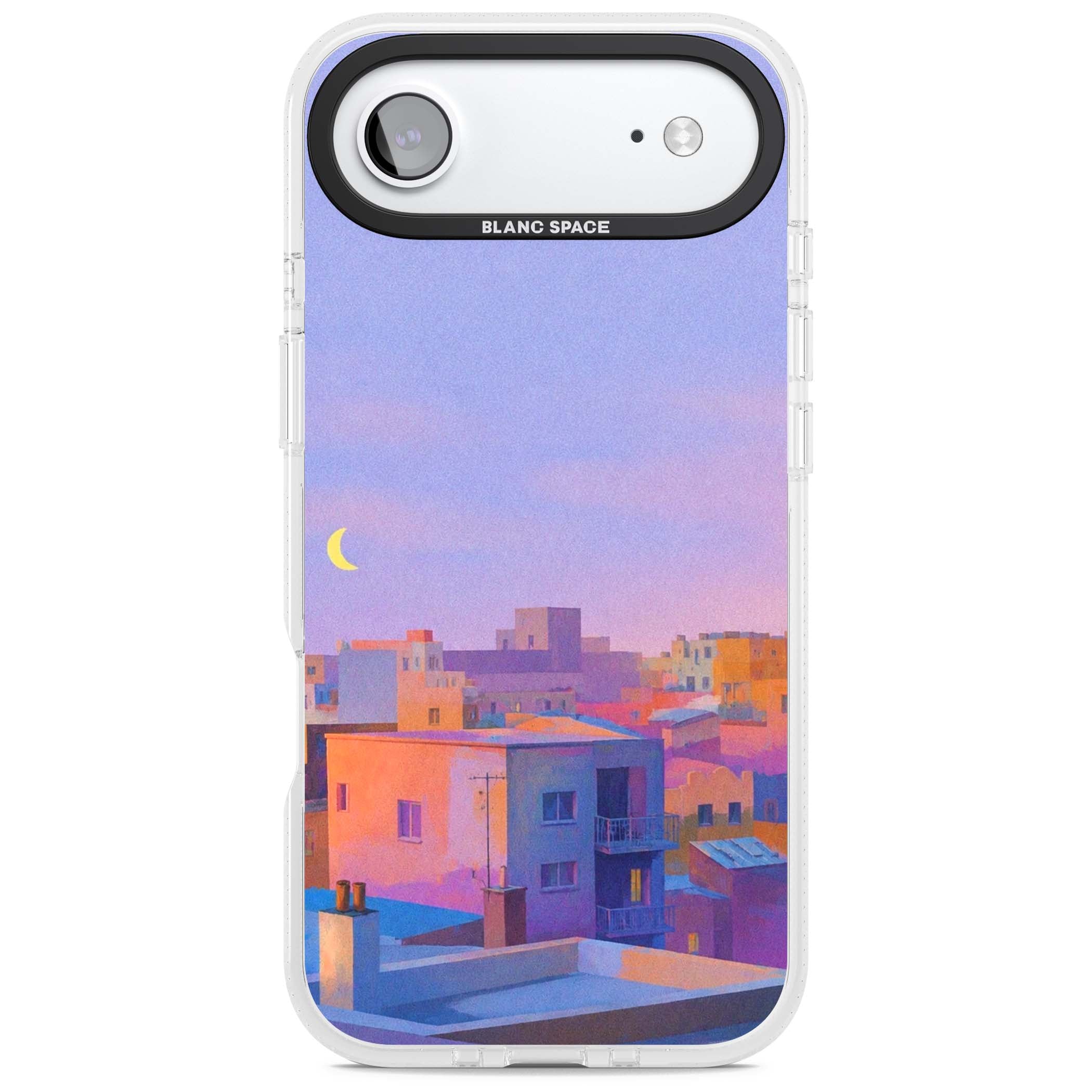 Twilight Rooftops vaporwave iPhone case featuring a pastel sunset cityscape, painted rooftops and a crescent moon. | Clear Case Impact Air case for iPhone Air