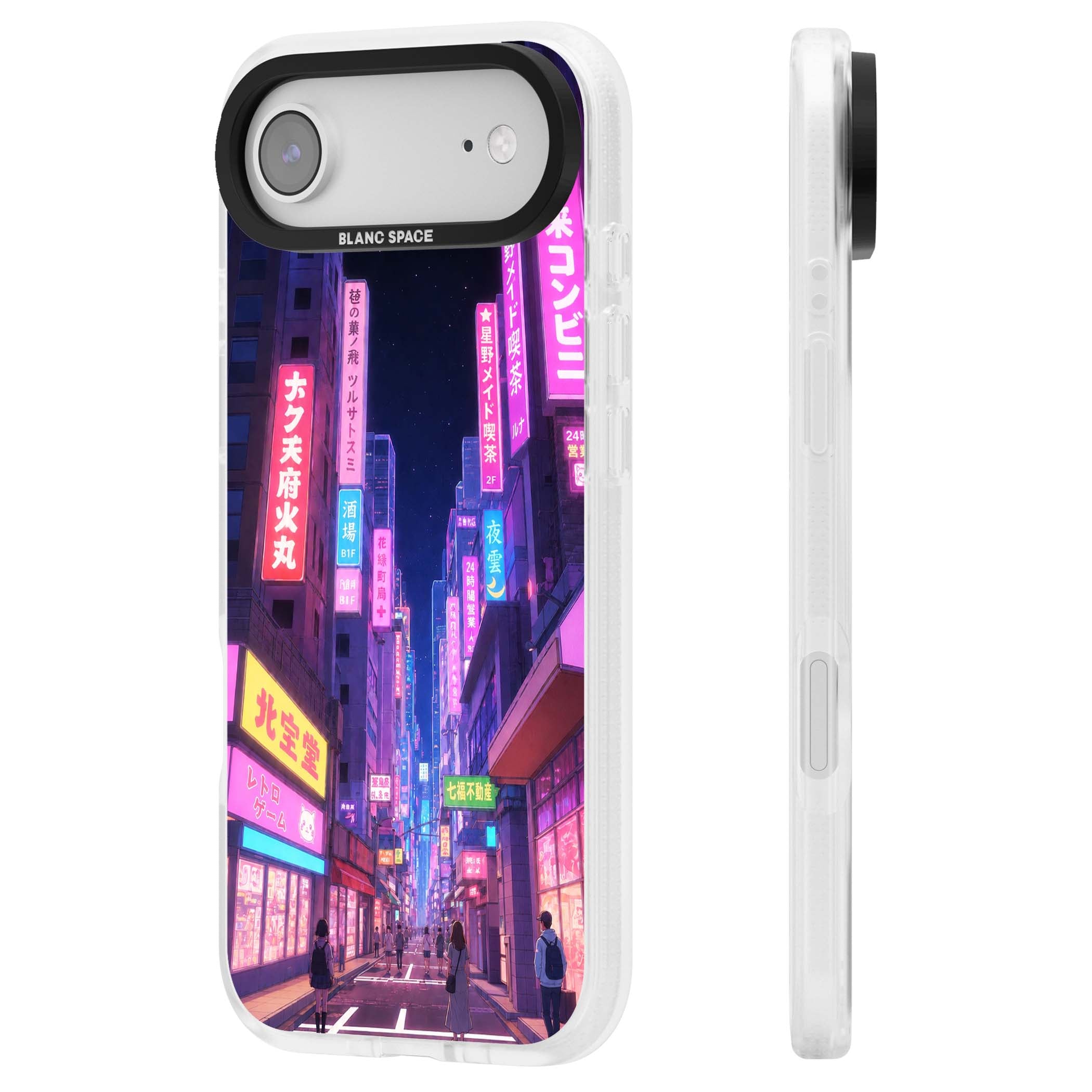 Shibuya At Night Japanese neon city iPhone case featuring glowing kanji signs, pink storefronts and a Tokyo street at n | Clear Case Impact Air case for iPhone Air