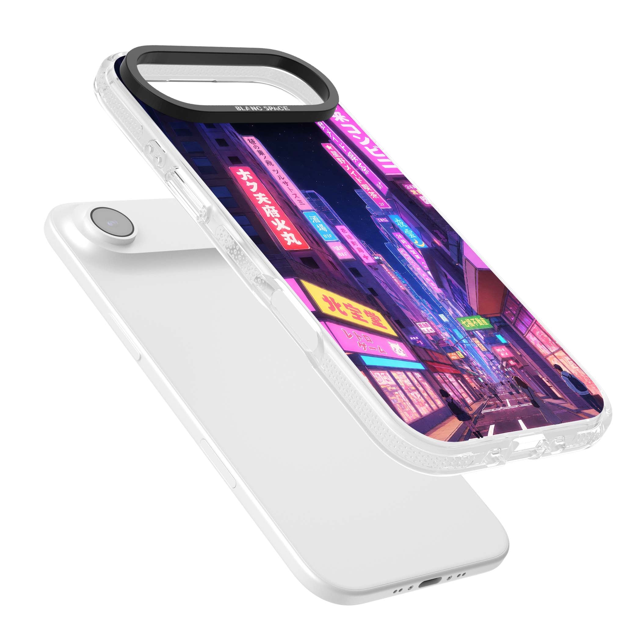 Shibuya At Night Japanese neon city iPhone case featuring glowing kanji signs, pink storefronts and a Tokyo street at n | Clear Case Impact Air case for iPhone Air
