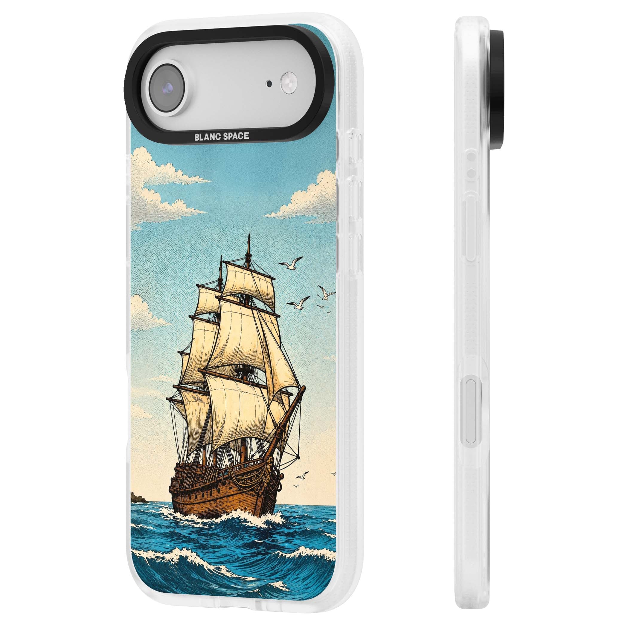 Ship at Sea nautical iPhone case featuring a vintage tall ship, ocean waves and seagulls | Clear Case Impact Air case for iPhone Air