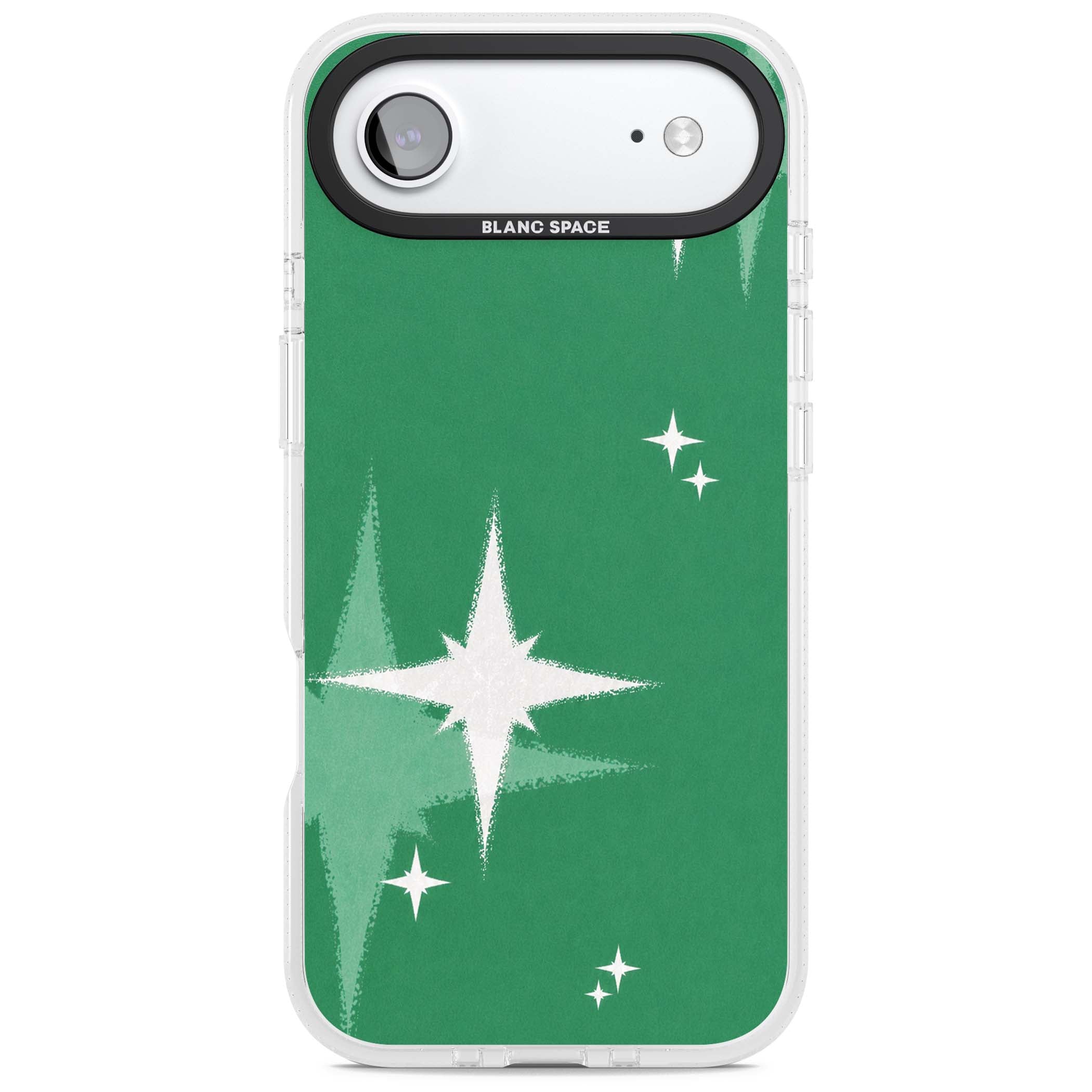 Green Sparkle celestial iPhone case featuring sparkling white four-point stars on a deep green background | Clear Case Impact Air case for iPhone Air