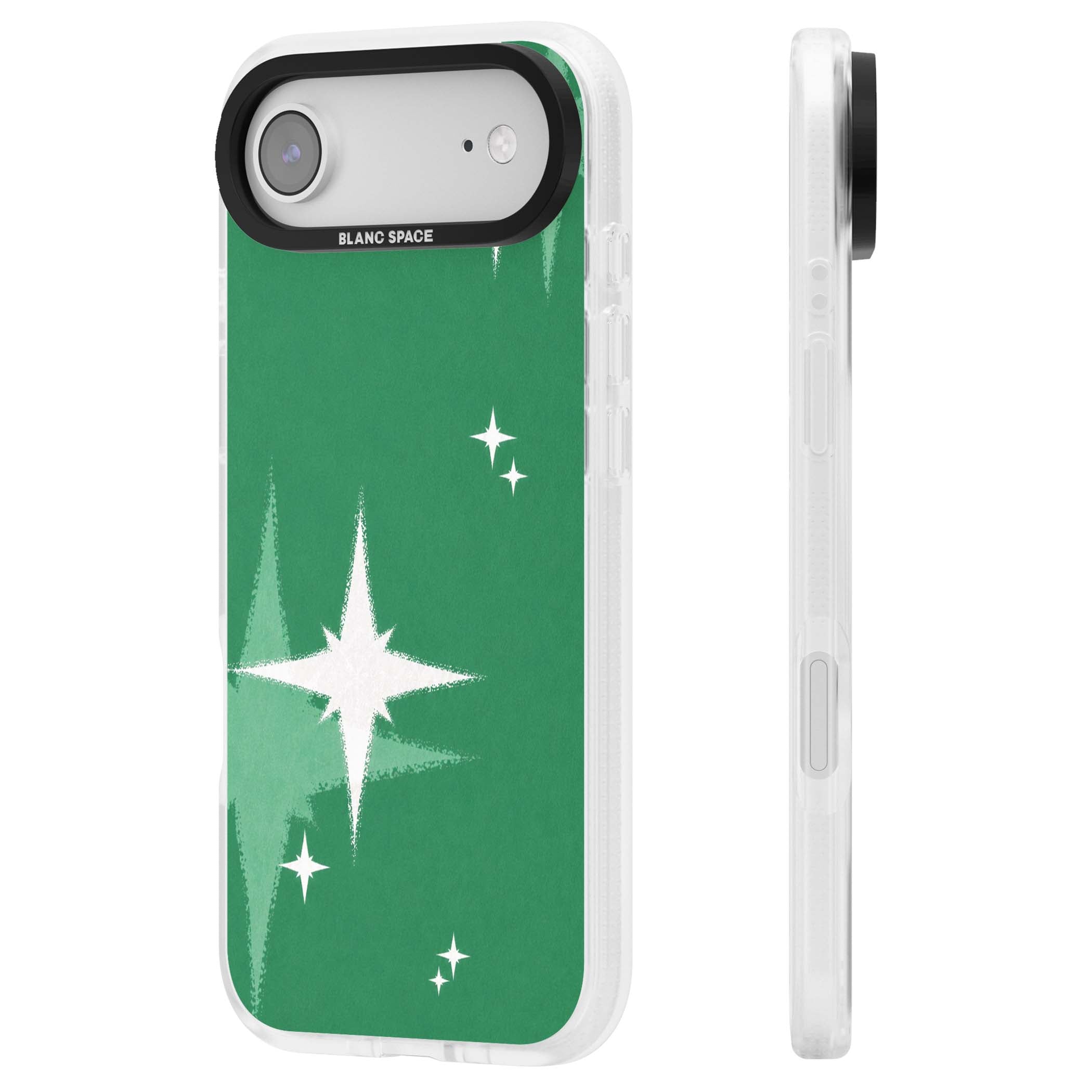 Green Sparkle celestial iPhone case featuring sparkling white four-point stars on a deep green background | Clear Case Impact Air case for iPhone Air