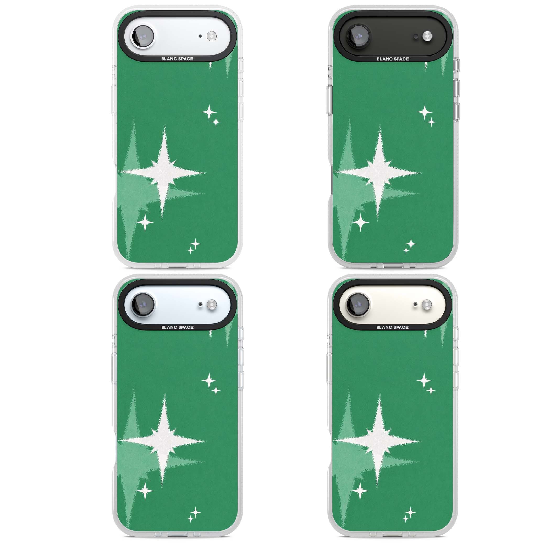 Green Sparkle celestial iPhone case featuring sparkling white four-point stars on a deep green background | Clear Case Impact Air case for iPhone Air