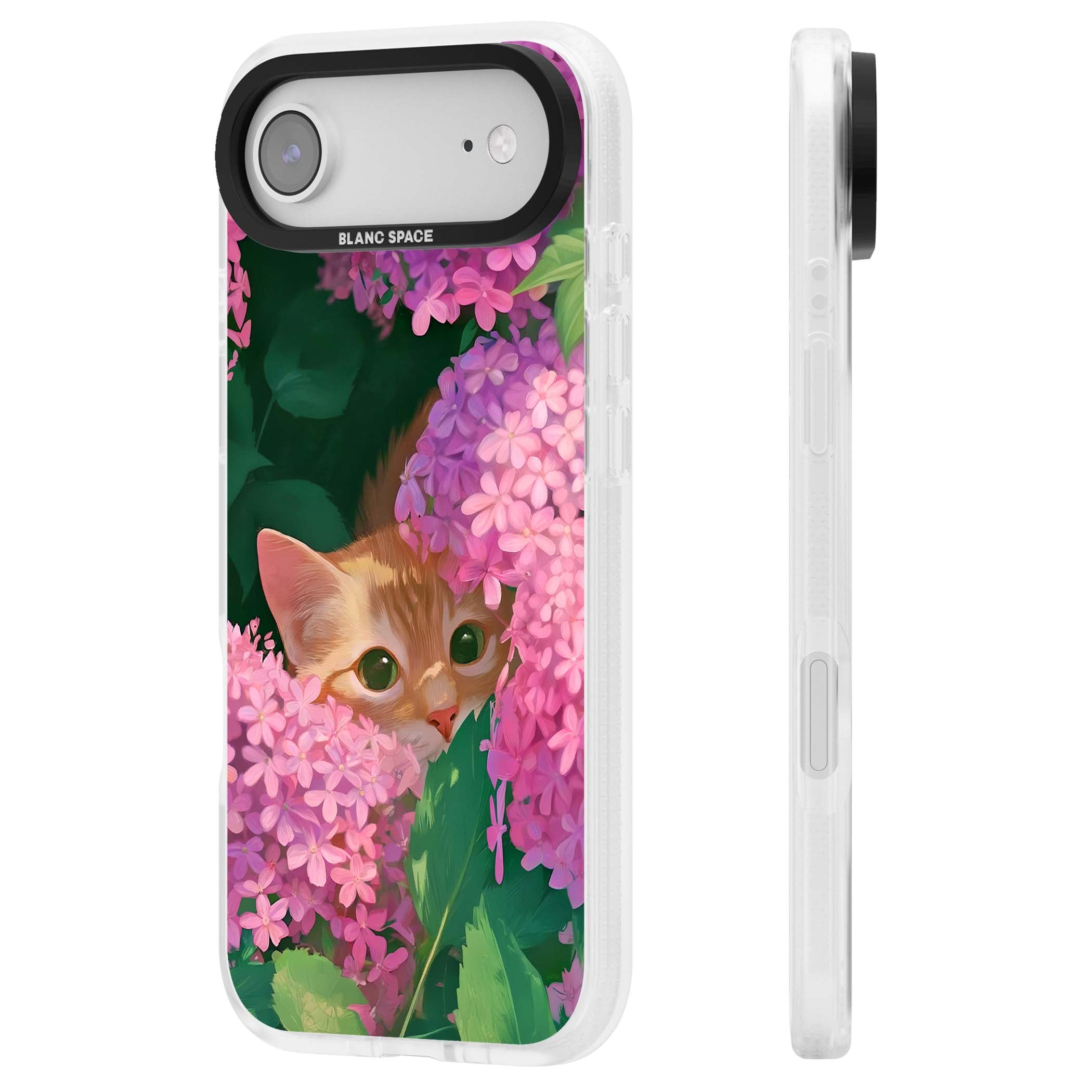 Cat In Pink Flowers cottagecore iPhone case featuring a ginger kitten peeking through lilac and pink hydrangea flo | Clear Case Impact Air case for iPhone Air