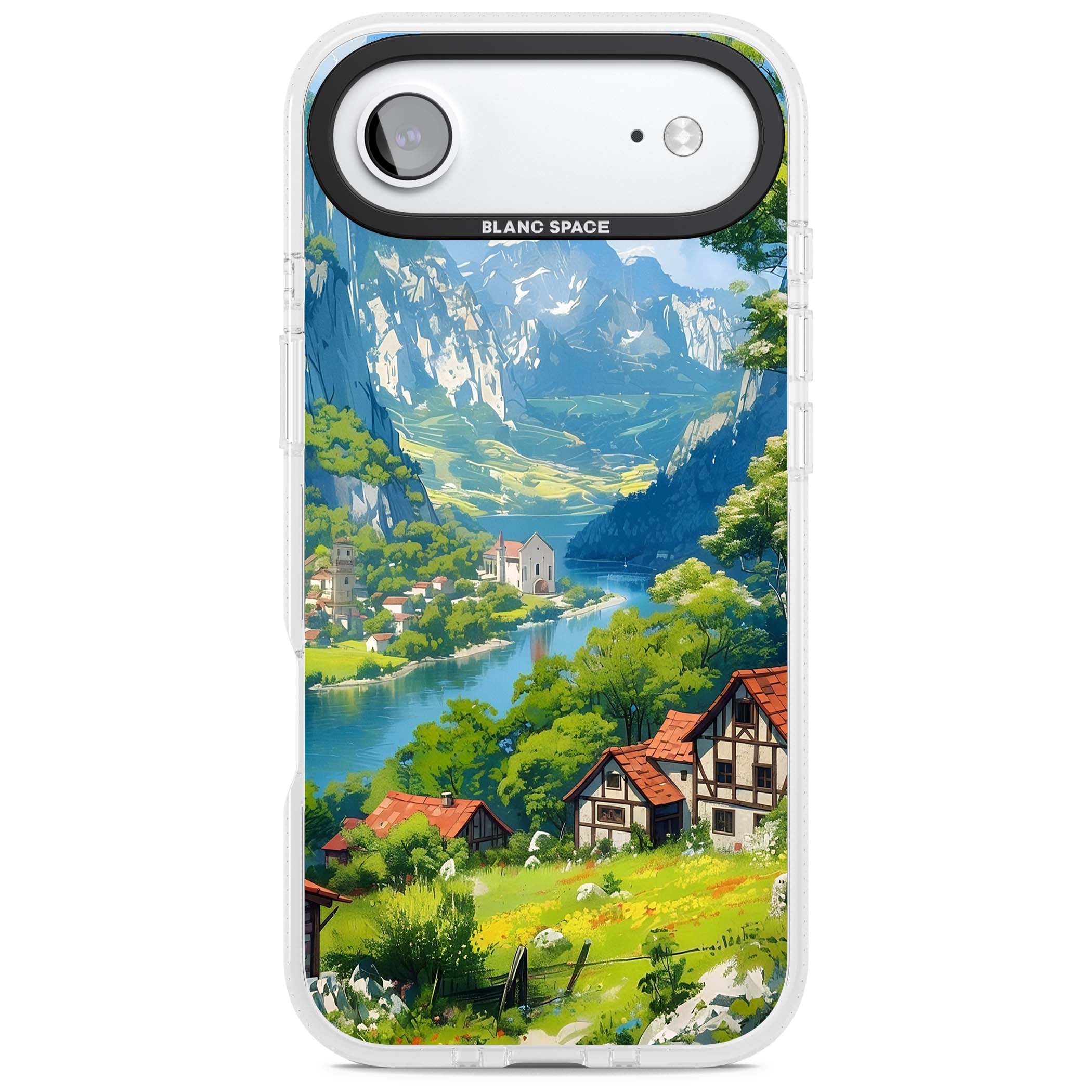 Village In The Valley anime iPhone case featuring a painted mountain village, river valley and half-timbered cottages. | Clear Case Impact Air case for iPhone Air