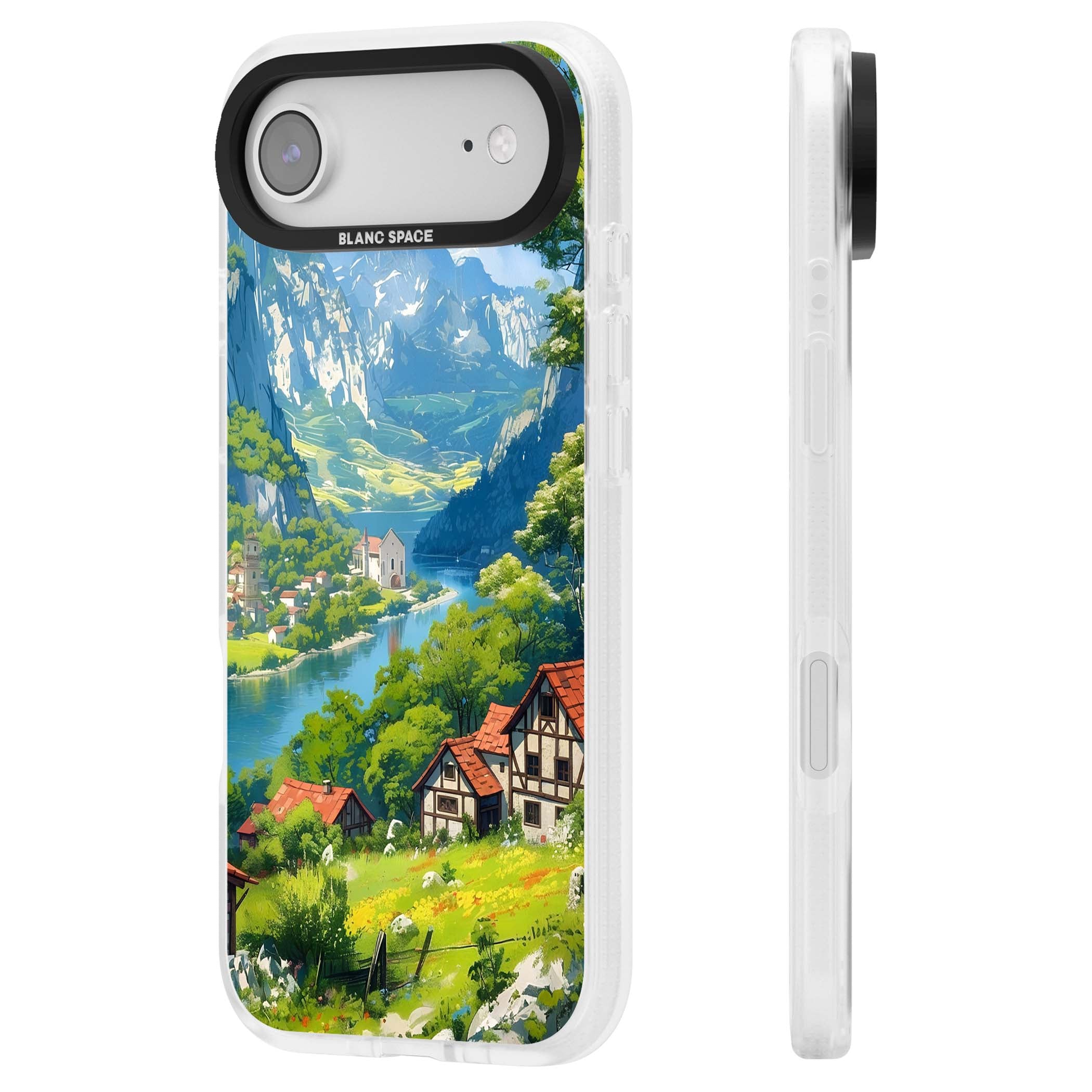 Village In The Valley anime iPhone case featuring a painted mountain village, river valley and half-timbered cottages. | Clear Case Impact Air case for iPhone Air