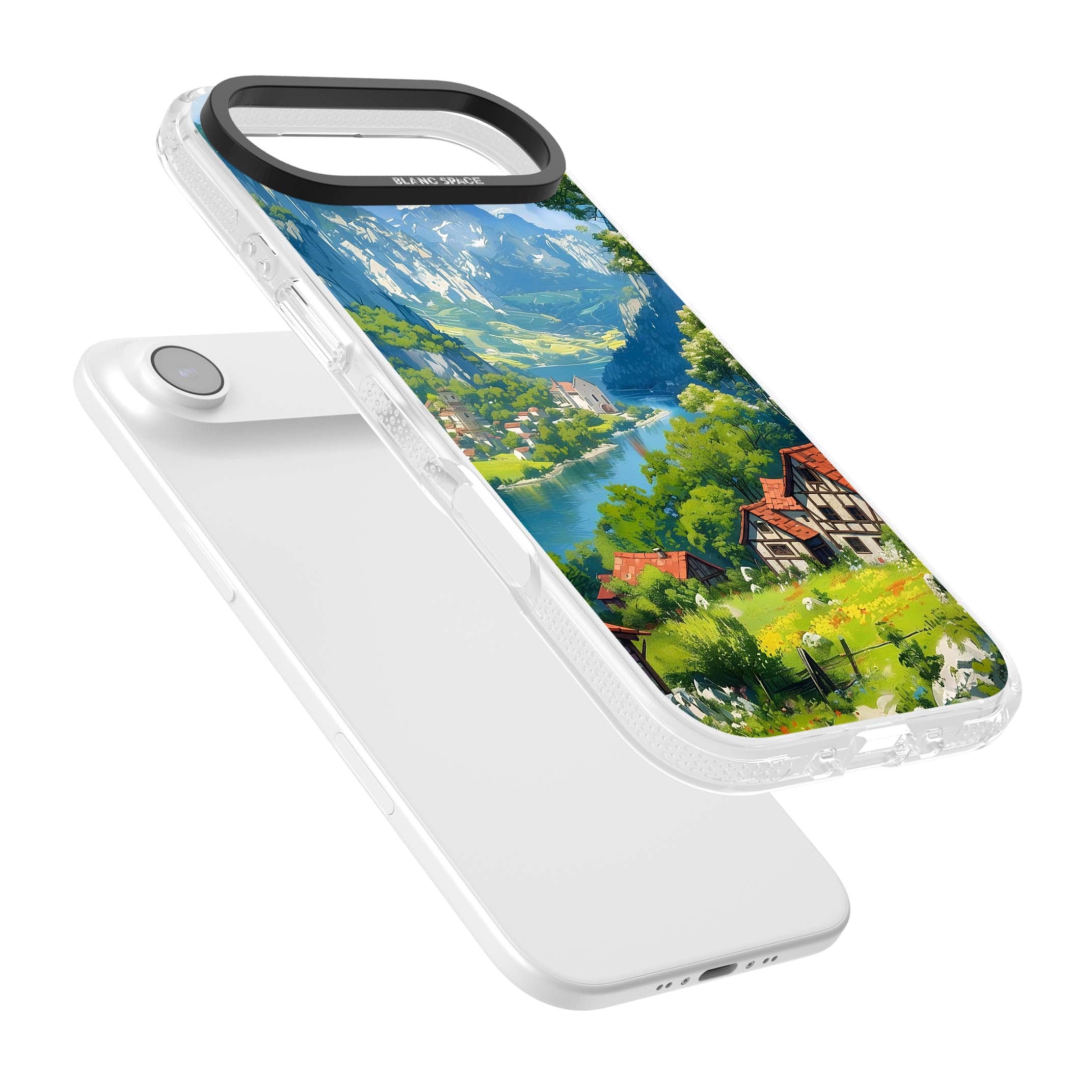 Village In The Valley anime iPhone case featuring a painted mountain village, river valley and half-timbered cottages. | Clear Case Impact Air case for iPhone Air