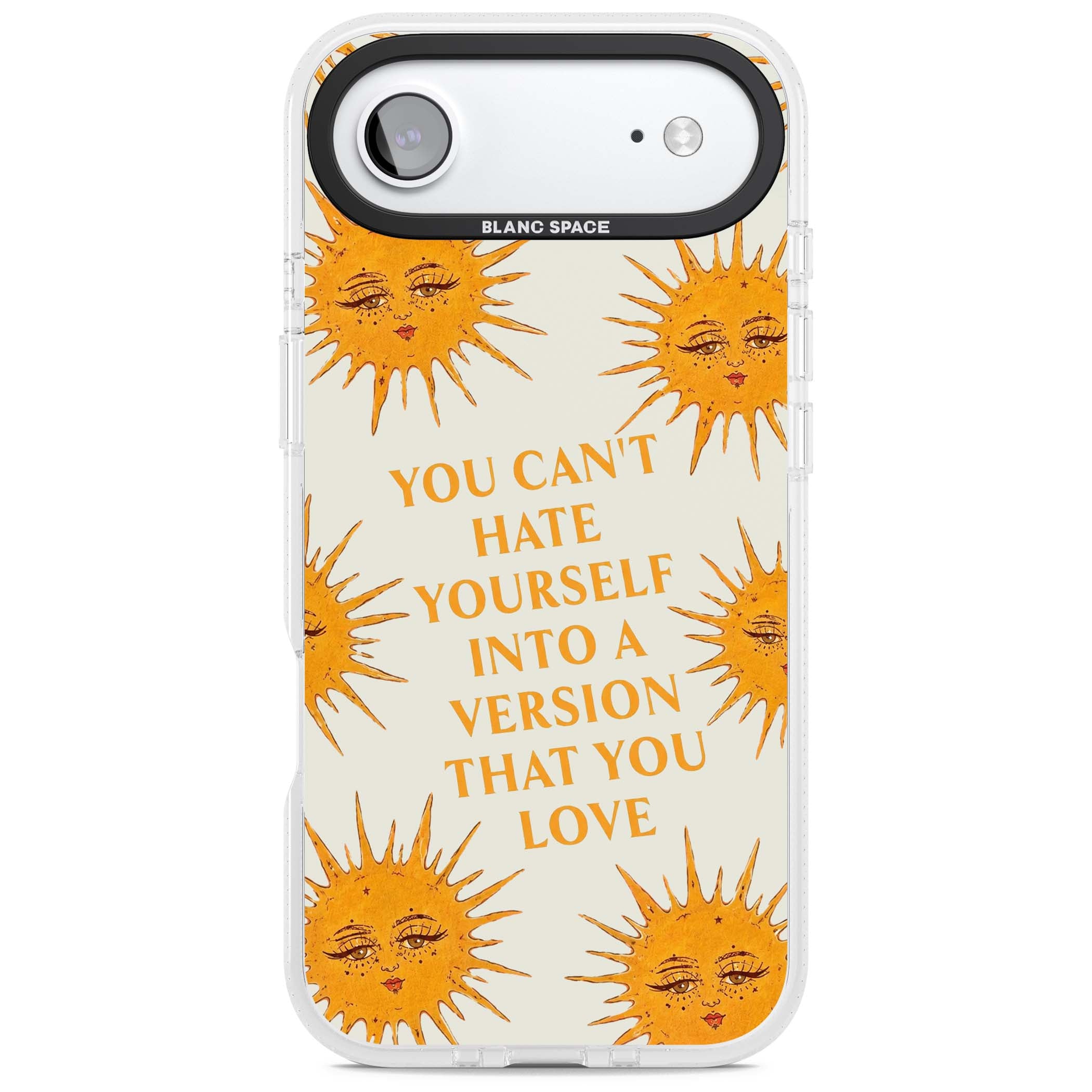 Don't Hate Yourself celestial iPhone case featuring vintage sun faces, ochre rays and a self-love quote | Clear Case Impact Air case for iPhone Air