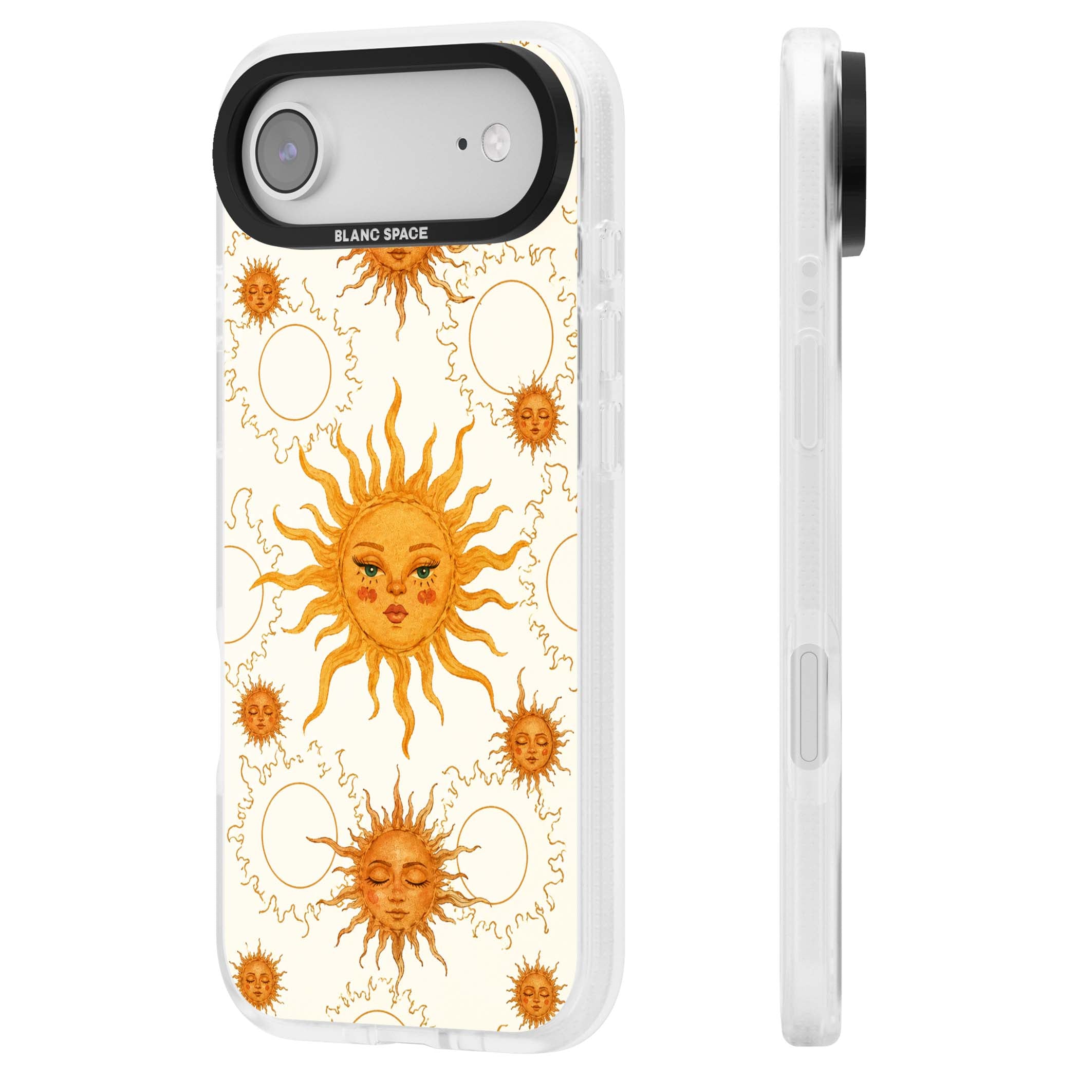 Solstice Muse celestial iPhone case featuring hand-painted golden sun faces, closed-eye sun goddesses and outlined moons... | Clear Case Impact Air case for iPhone Air