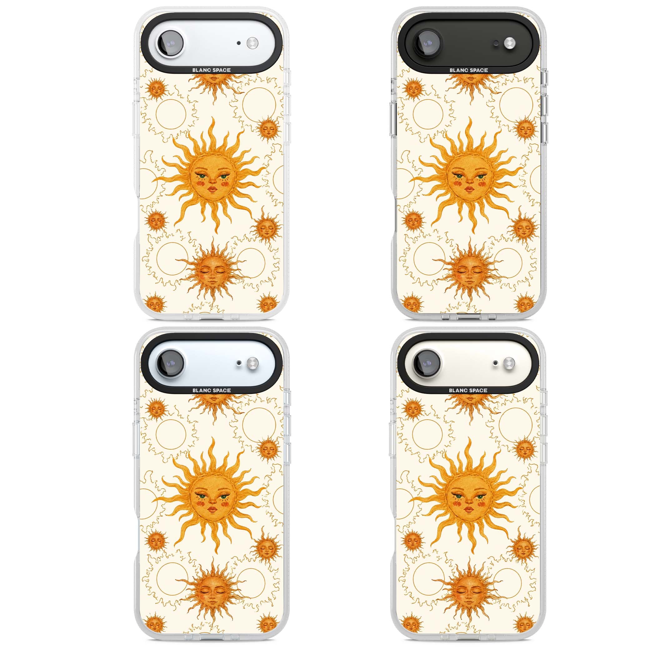 Solstice Muse celestial iPhone case featuring hand-painted golden sun faces, closed-eye sun goddesses and outlined moons... | Clear Case Impact Air case for iPhone Air