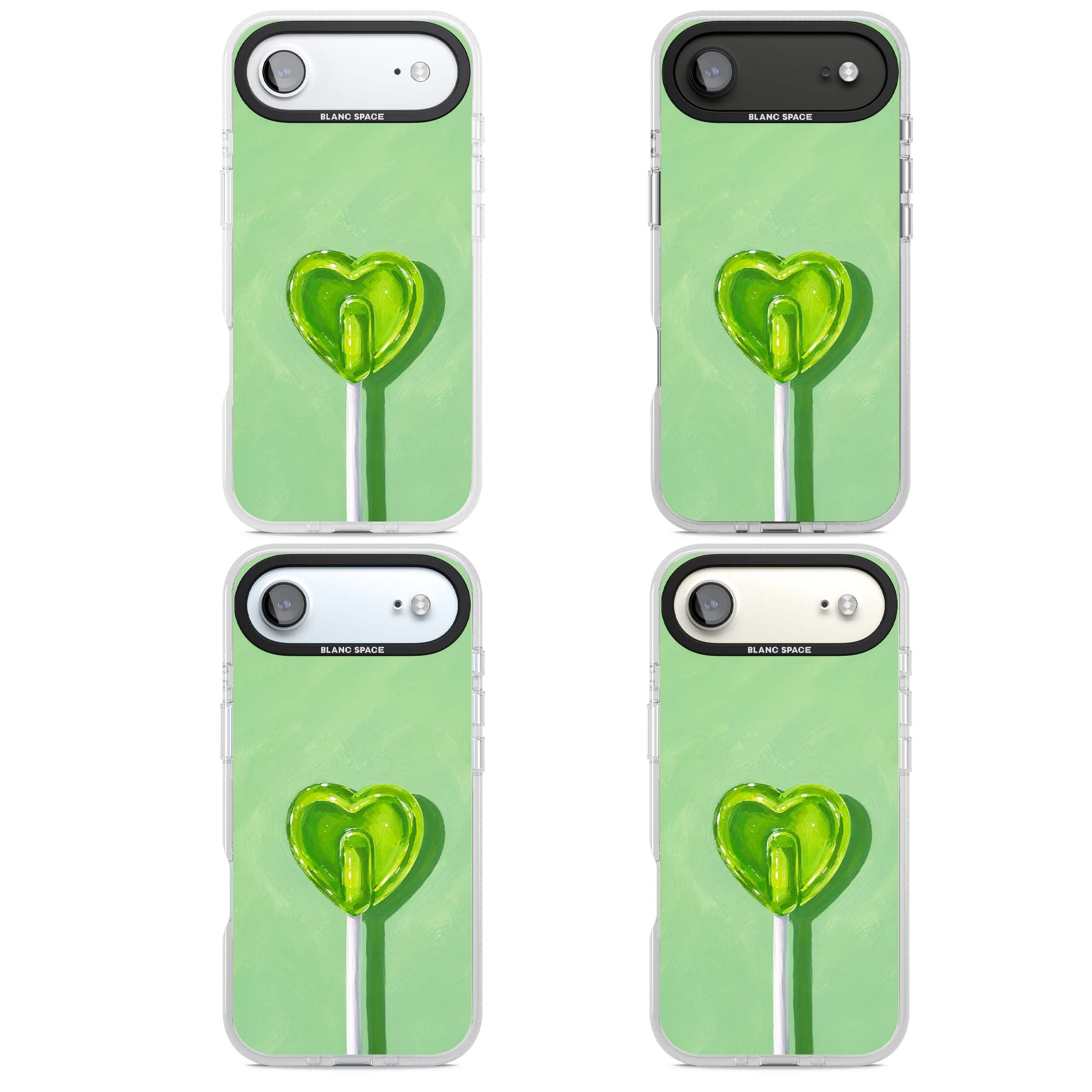 Green Lollipop candy art iPhone case featuring a glossy green heart-shaped lollipop on a painted pastel green background | Clear Case Impact Air case for iPhone Air
