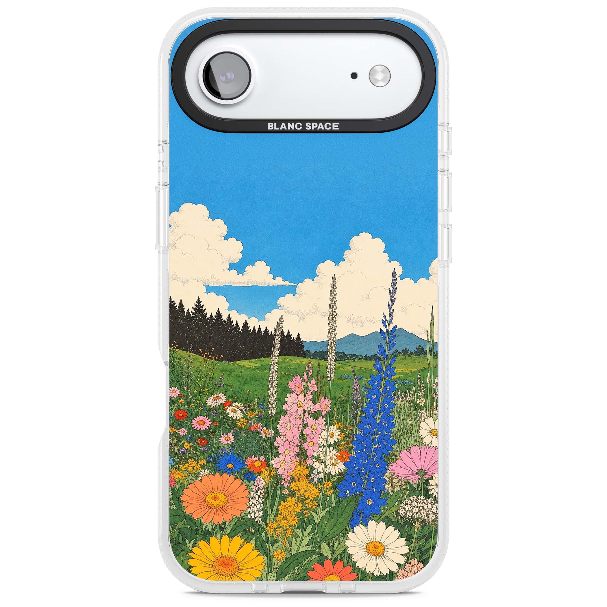 Wildbloom wildflower iPhone case featuring a vintage Japanese-style meadow landscape with daisies, delphiniums and moun | Clear Case Impact Air case for iPhone Air