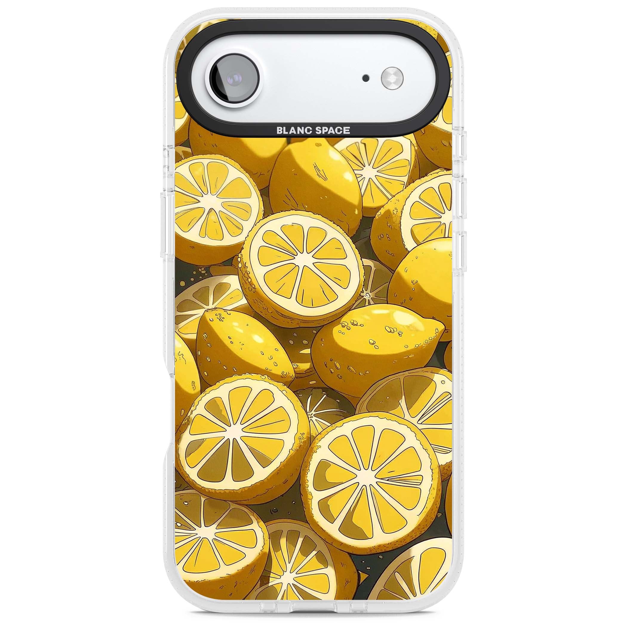 Zesty coastal iPhone case featuring illustrated Mediterranean lemons and citrus slices in golden yellow | Clear Case Impact Air case for iPhone Air