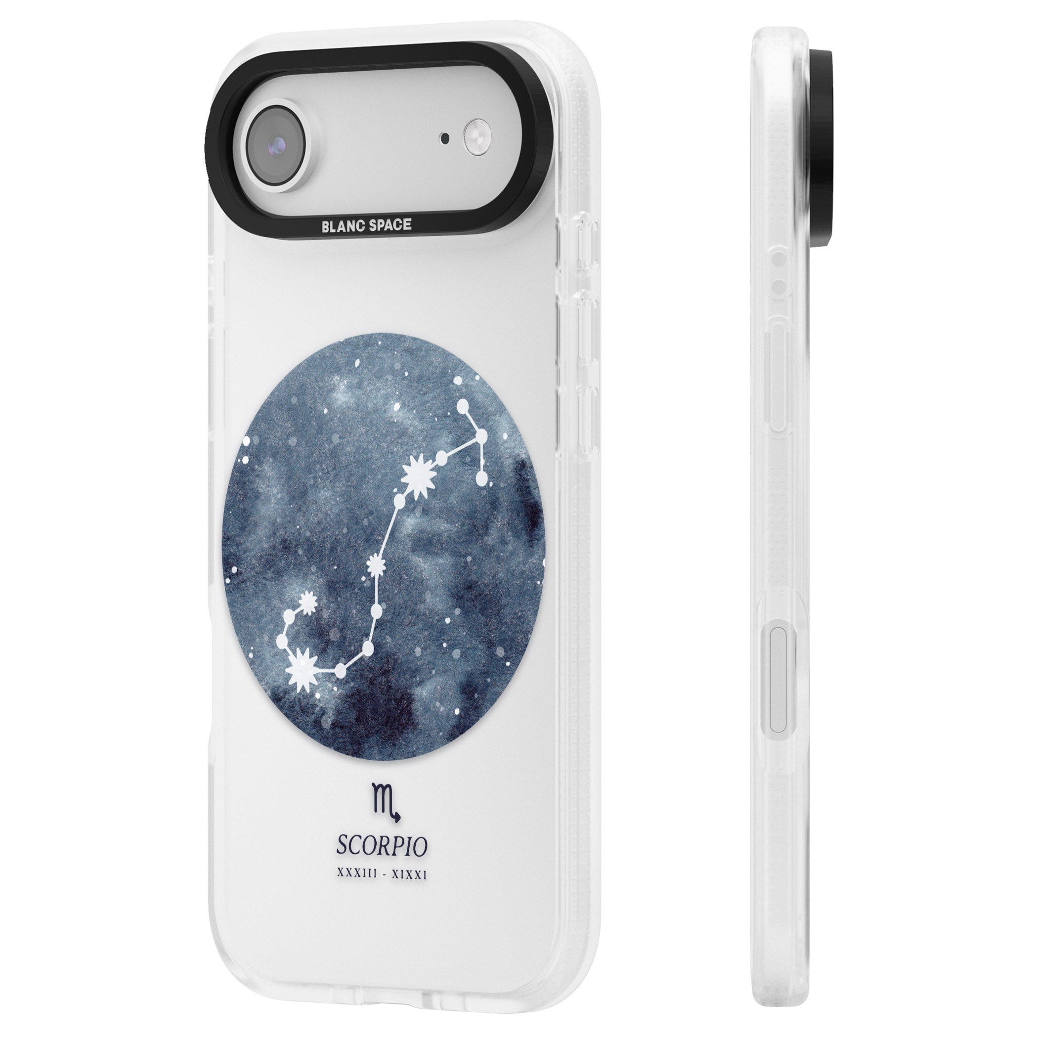 Scorpio Zodiac Blue iPhone 17 Air Impact Air Clear Phone Case Side Profile