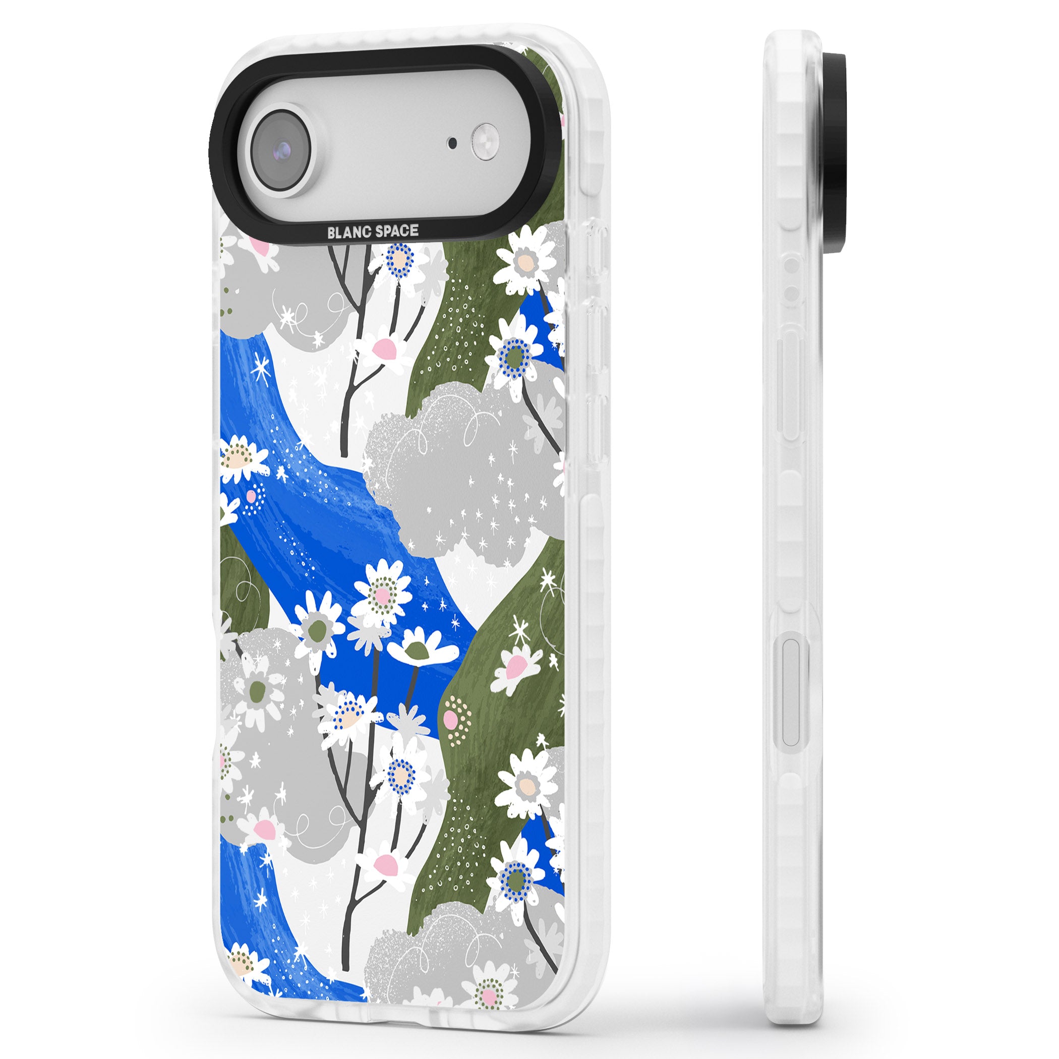Blue & Grey Daisies Pattern iPhone 17 Air Impact Clear Phone Case Side Profile