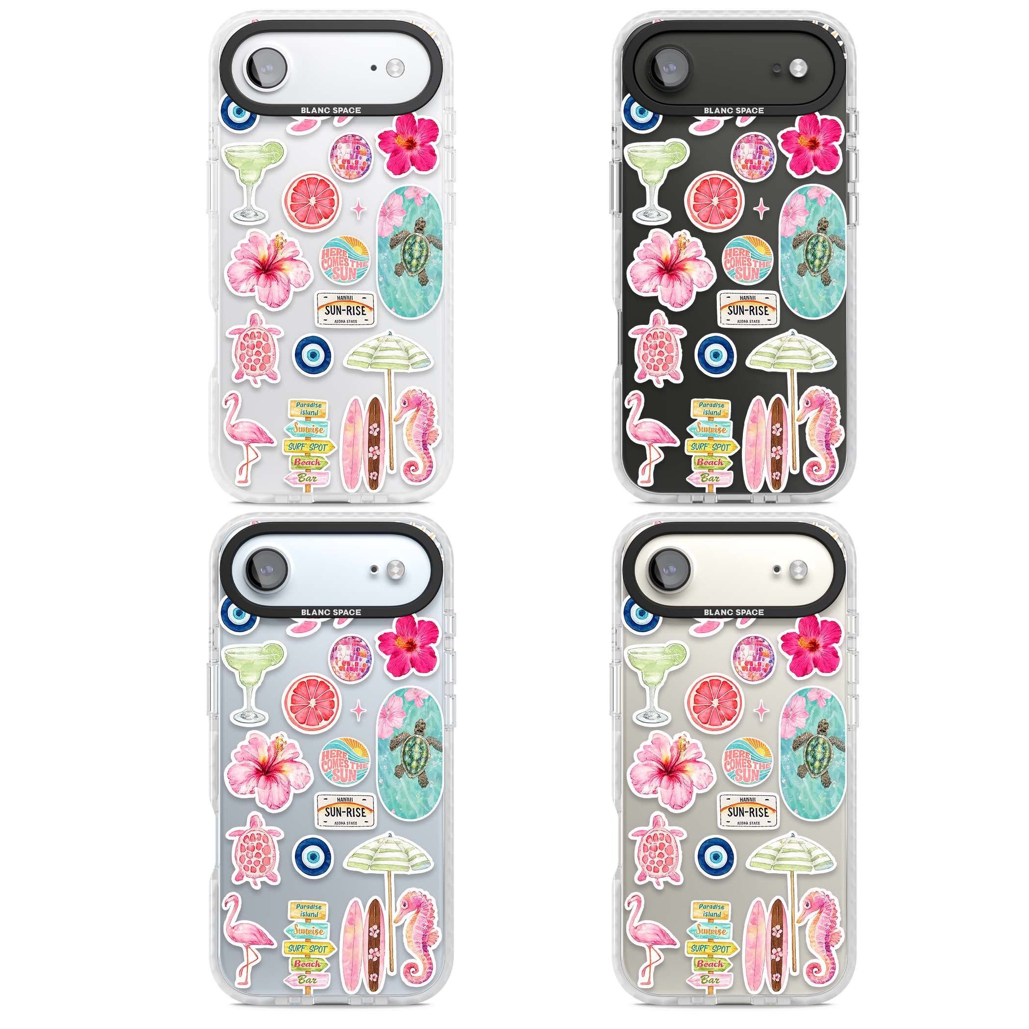 Aloha Sticker Mix tropical summer iPhone case featuring pink hibiscus, sea turtles, flamingo and beach umbrella stickers | Black Impact case for iPhone Air