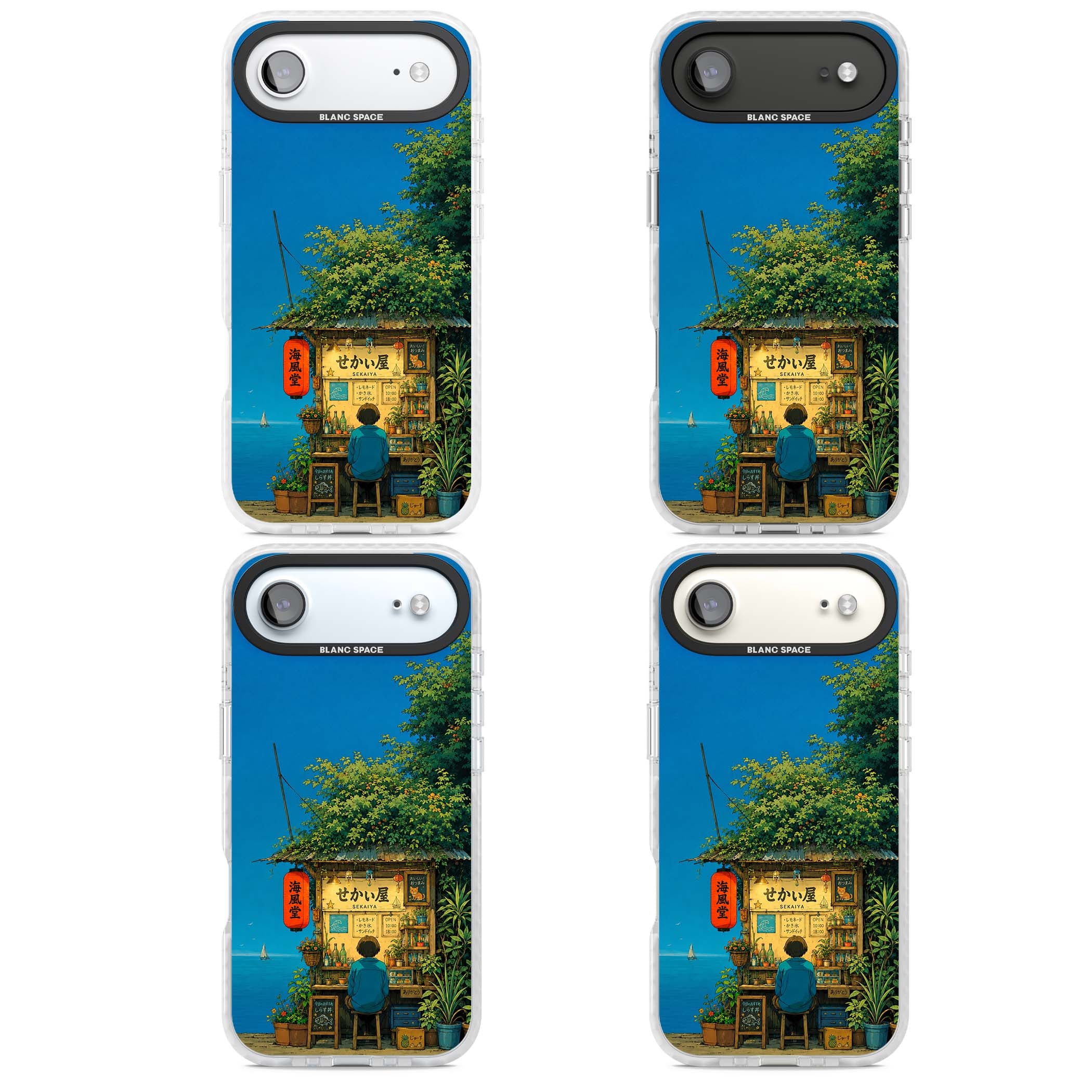 The Shirahama Kiosk anime iPhone case featuring a Japanese seaside shop, red paper lantern and ocean view | Black Impact case for iPhone Air