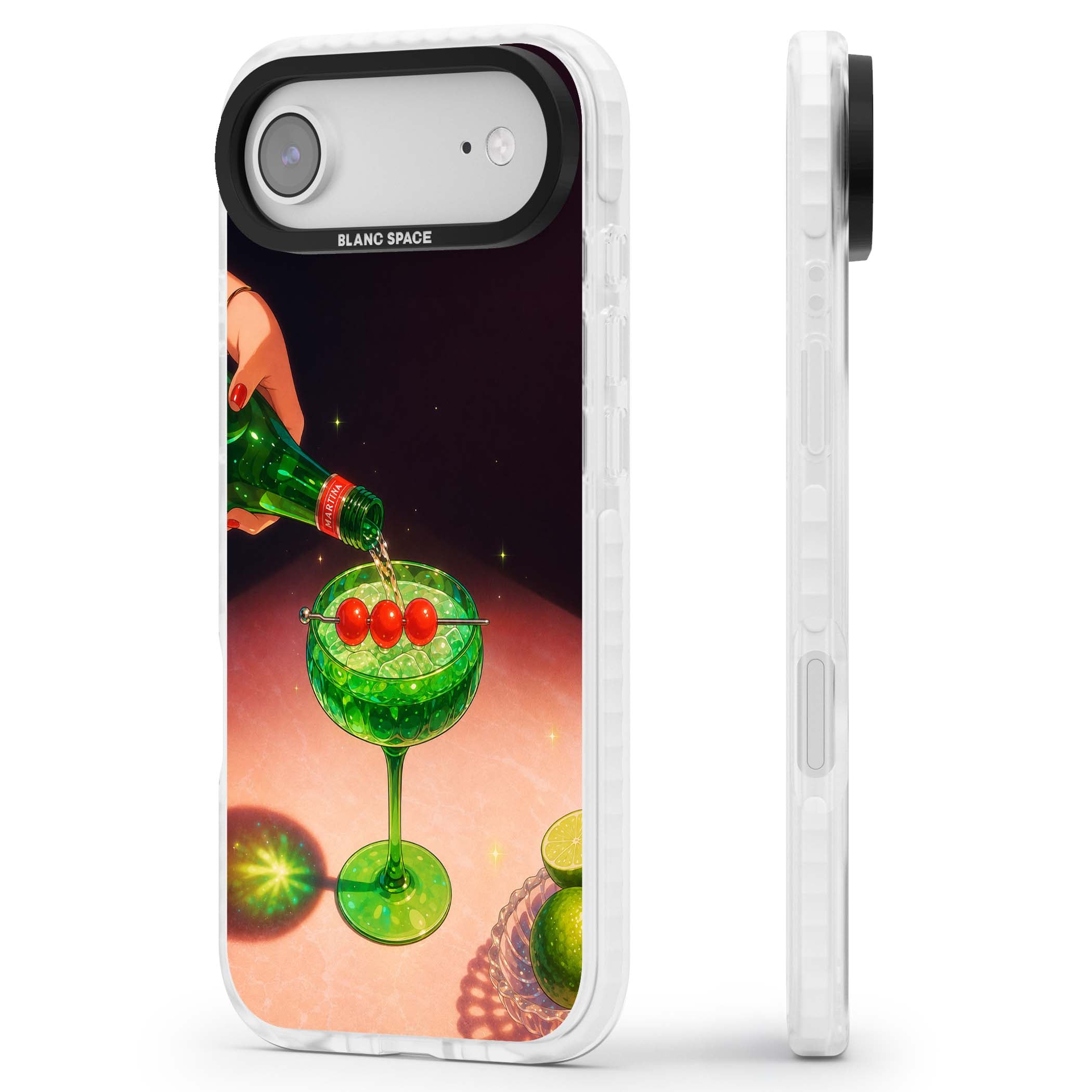 Absinthe Hour cocktail iPhone case featuring a green coupe glass, cherry garnish and vintage bottle pour illustration | Black Impact case for iPhone Air
